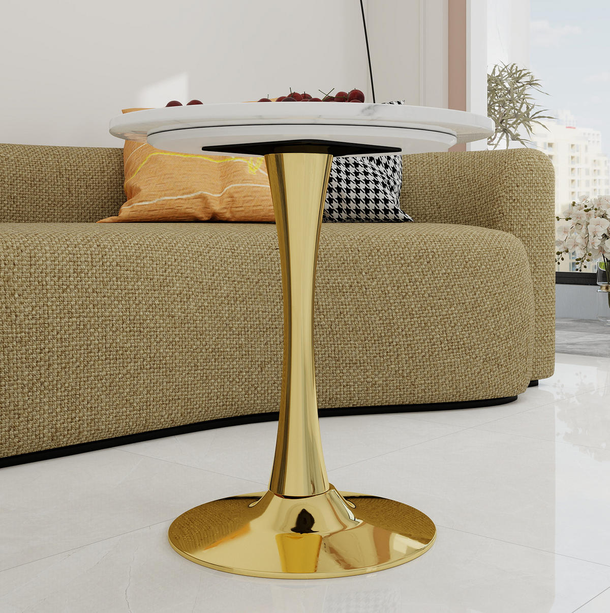 KONFERENČNÍ stolek 70/70/72 cm zlatá/bílá z umělého mramoru kulatý - zlatá, kámen (70/70/72cm) - OKWISH