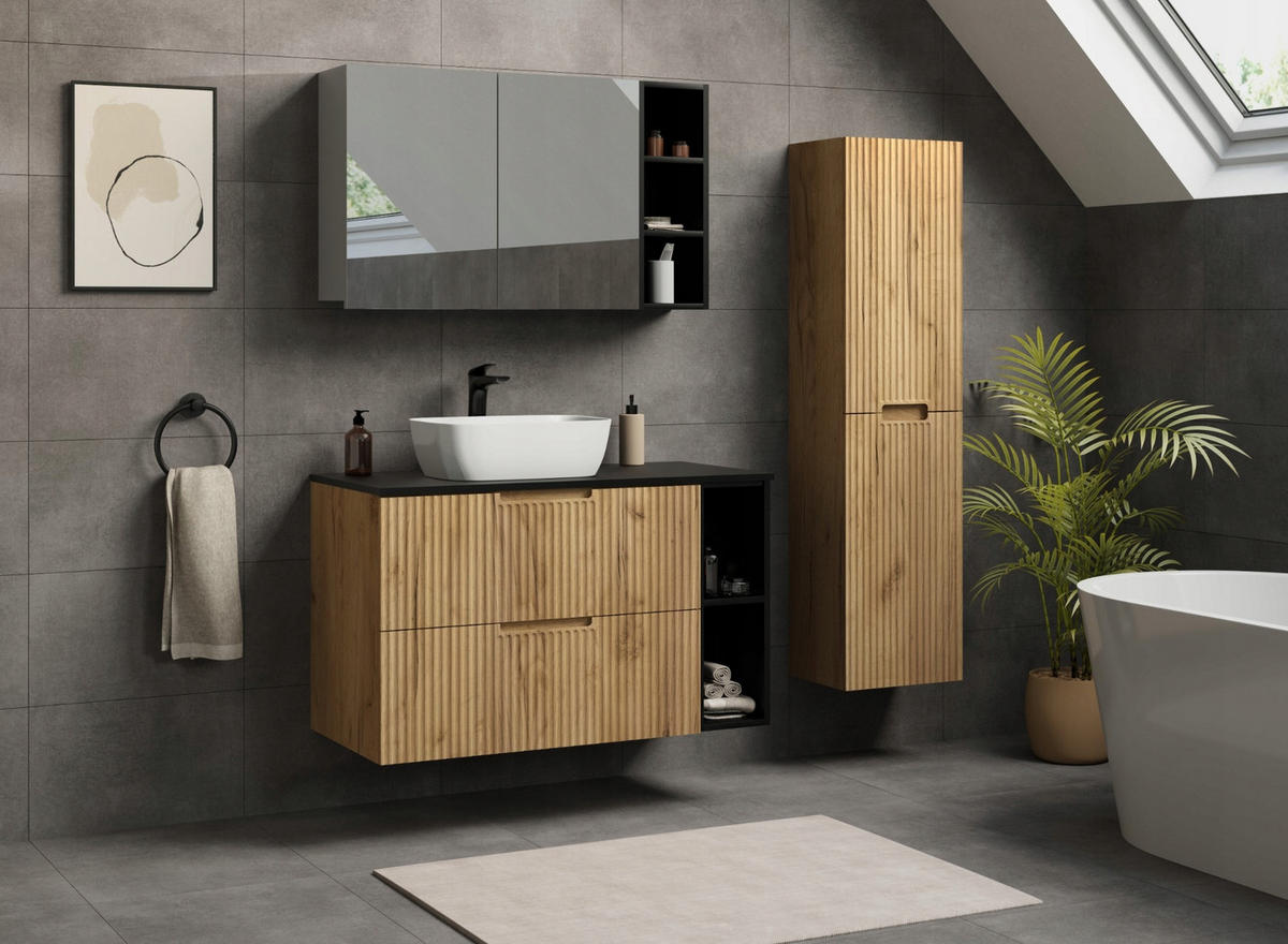 WASCHBECKUNTERSCHRANK VENA 100 cm mit Arbeitsplatte Farbe: Mattweiß mit einem Regal Gerillte Vorderseite Eichen Craft - Eichefarben/Weiß, Holzwerkstoff (100/58/46cm) - Rodan