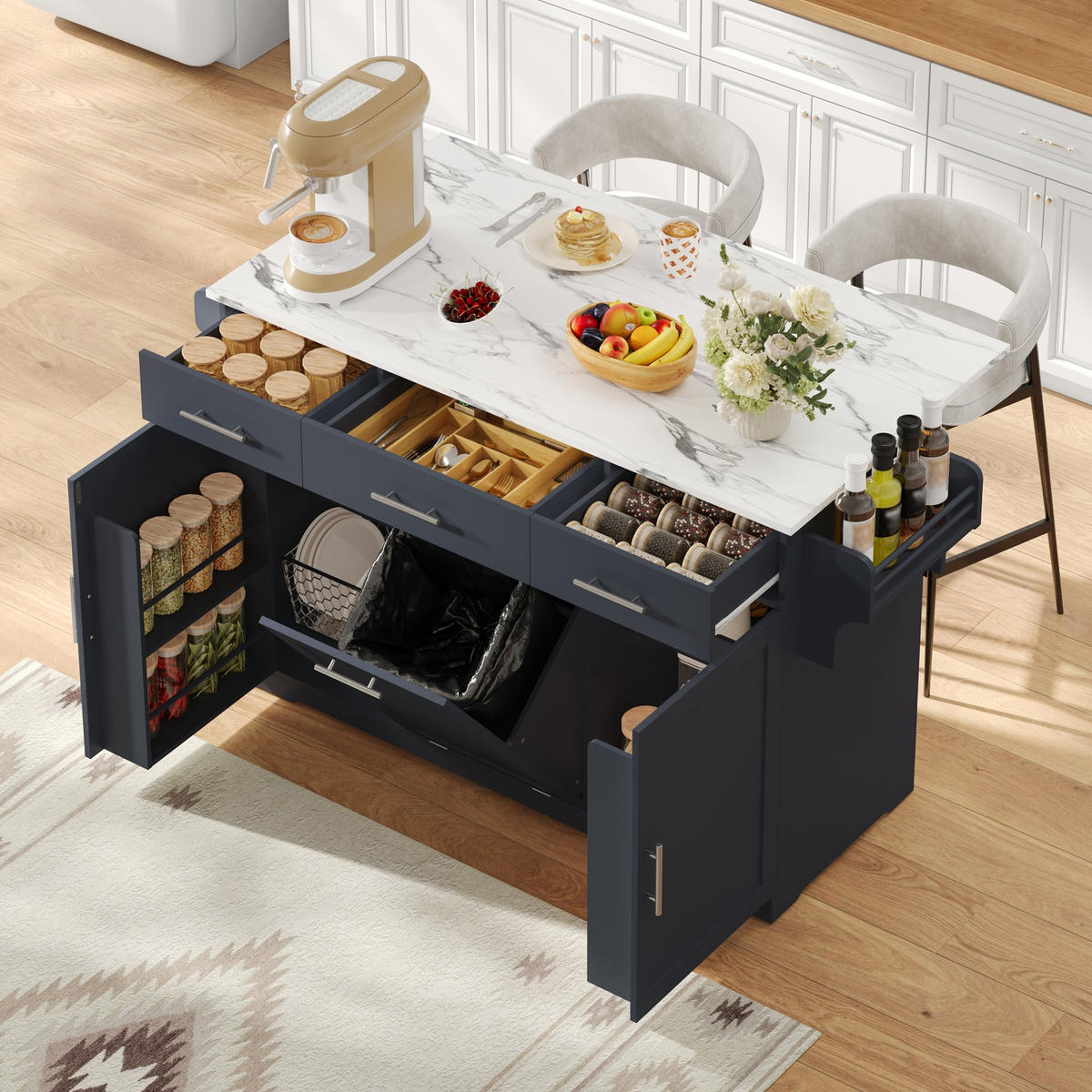KÜCHENINSEL DE-41372 136/50-75/92 cm, klappbare Arbeitsplatte und Mülleimerschrank Grau - Grau, Holzwerkstoff (136/92/75cm) - ComfortXL