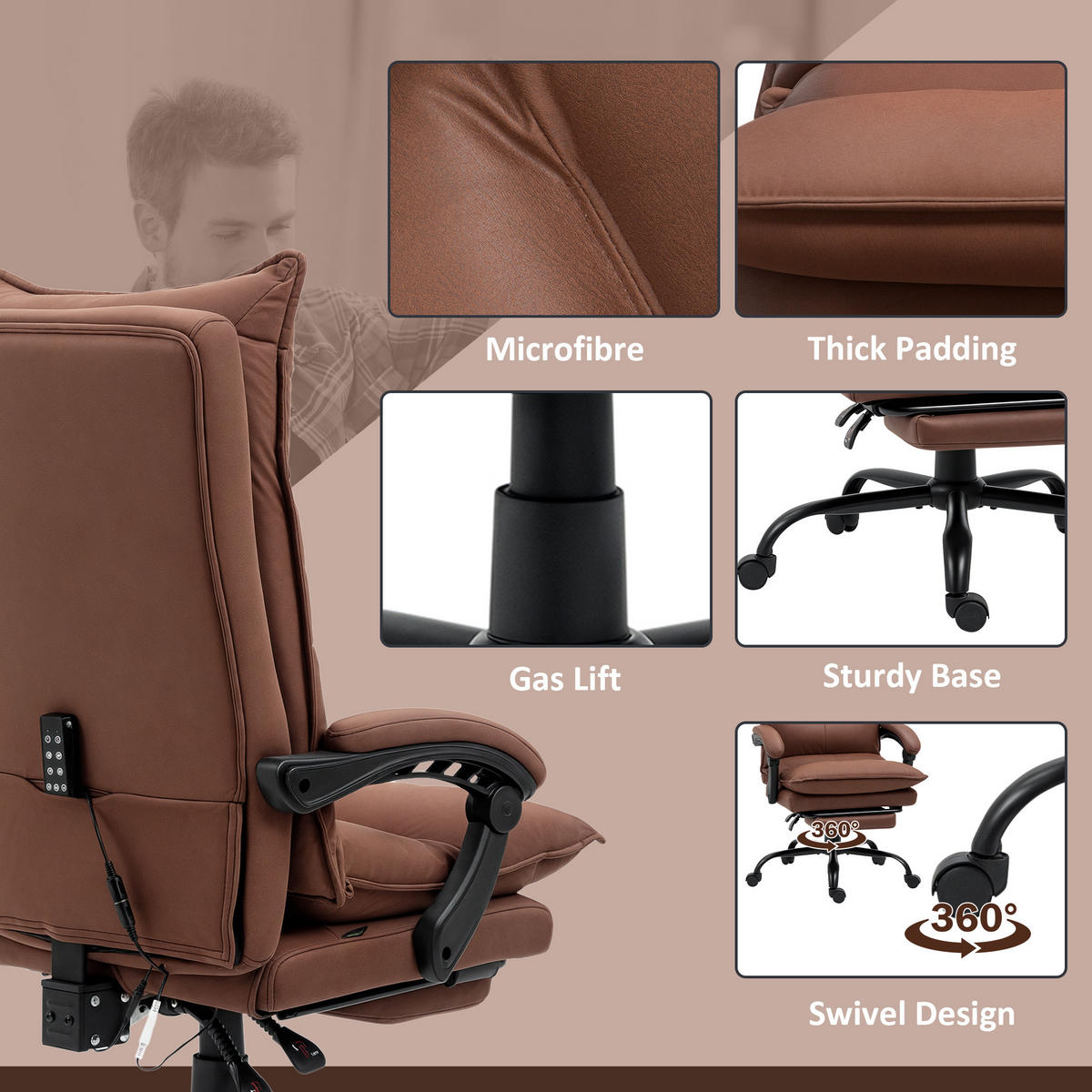 MASSAGE-BÜROSTUHL, Mikrofaser, Braun - Braun, Kunststoff (74/121.5/66cm) - Vinsetto