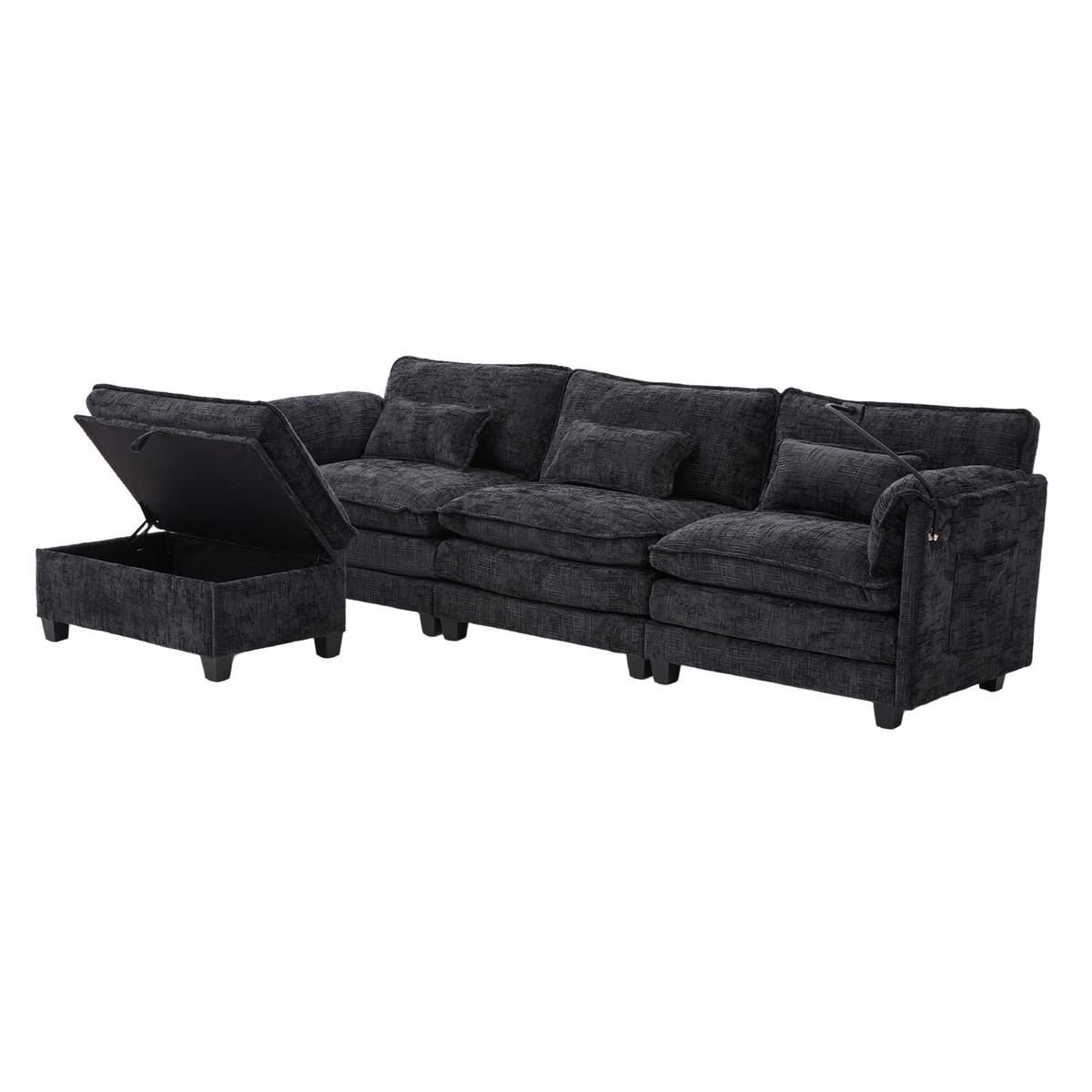 ECKSOFA mit USB-Anschluss und Hocker aus Chenille Schwarz 279/83/85 cm - Schwarz, Textil (279/83cm) - OKWISH