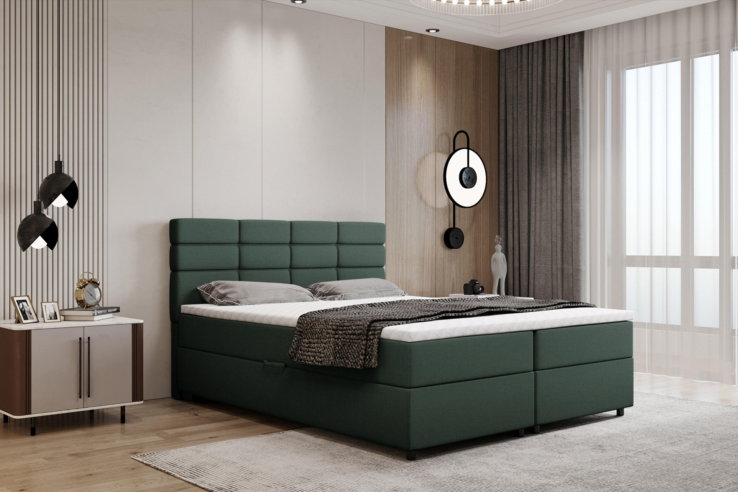 BOXBETT Reve 160 x 200 cm mit Bettkasten und Lattenrost ohne matratze - dunkelgrün - Hellblau, Holz (160/200cm) - Panda Möbel