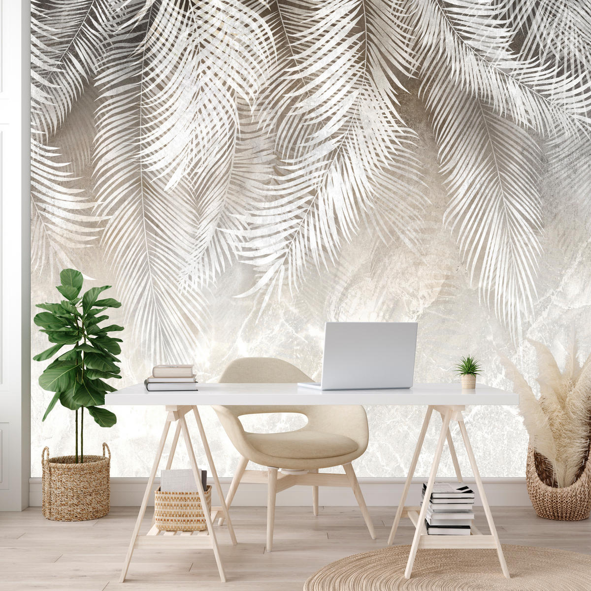 FOTOTAPETE für Schlafzimmer Vintage Palmenblätter auf Marmor Beige 500x350 - Weiß/Grau, Papier (500/350cm) - Muralo