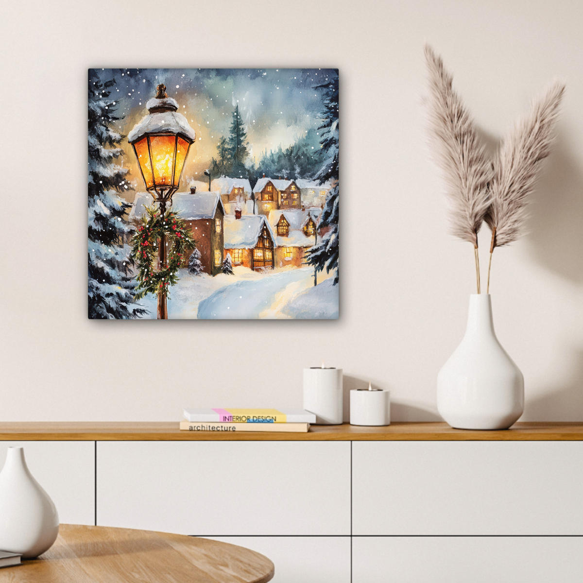 LEINWANDBILD Weihnachtsdorf - Häuser - Schnee - Weihnachten Wandbild Wohnzimmer 50x50 cm - Sandfarben, Textil (50/50cm) - MuchoWow