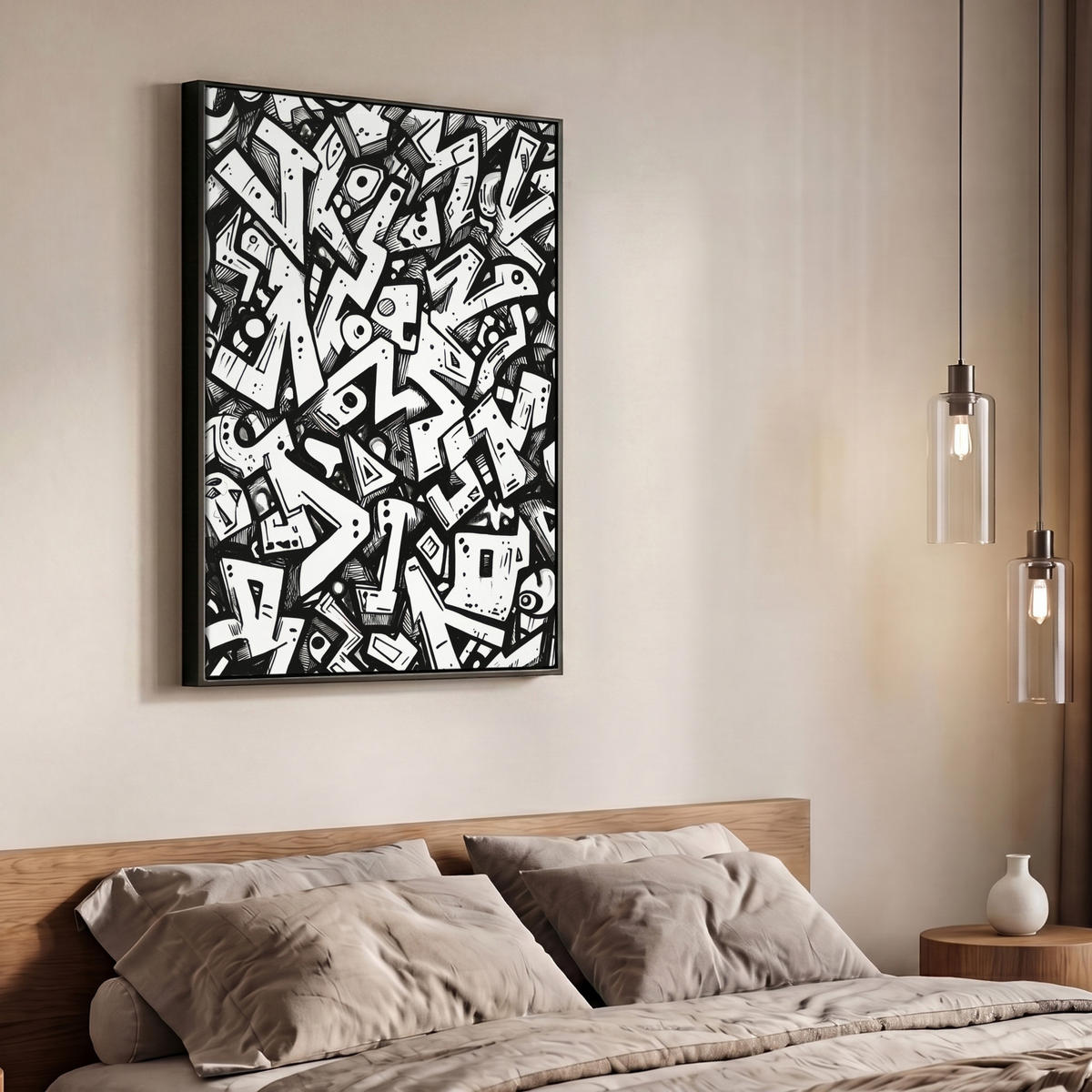 LEINWAND Bilder mit Rahmen - Formen - Buchstaben - Graffiti - Schwarz - 70x100 - Schwarz, Textil (70/100cm) - MuchoWow