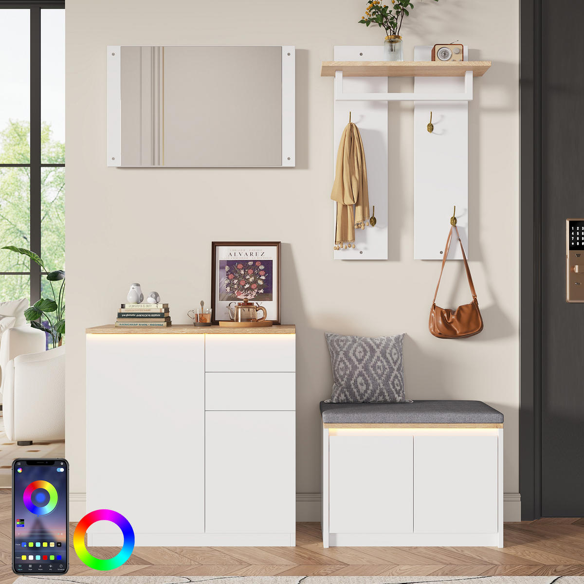 GARDEROBE 130x35x124.5cm mit Spiegel, LED und Schuhbank - Weiß, Holzwerkstoff (130/124.5/35cm) - FLIEKS