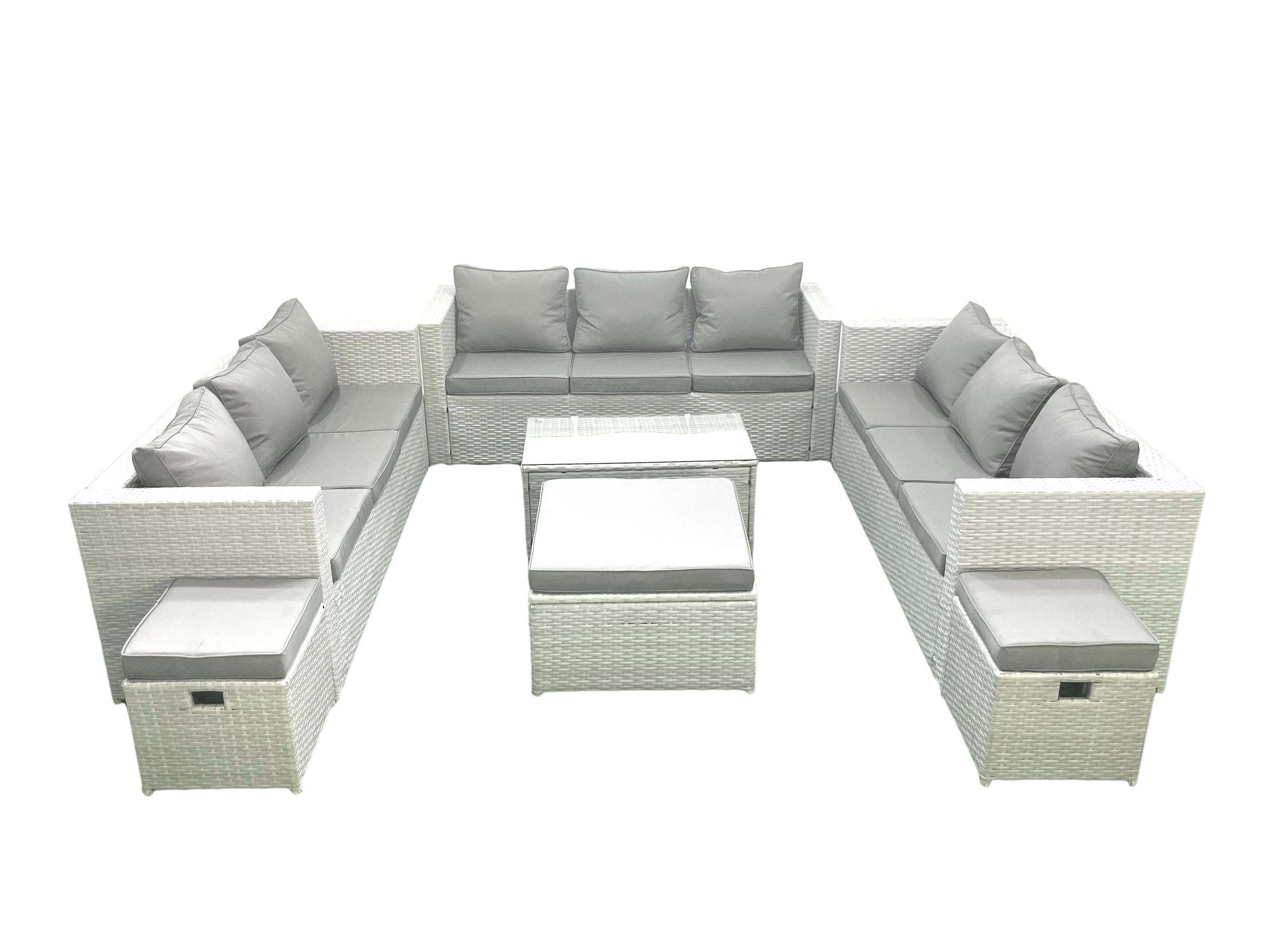 GARTENSET mit 3-SITZER SOFA,COUCHTISCH Polyrattan Hellgrau-Mix 12-Sitzer - Hellgrau/Grau, Glas/Kunststoff - Fimous