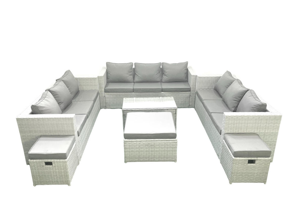 GARTENSET mit 3-SITZER SOFA,COUCHTISCH Polyrattan Hellgrau-Mix 12-Sitzer - Hellgrau/Grau, Glas/Kunststoff - Fimous