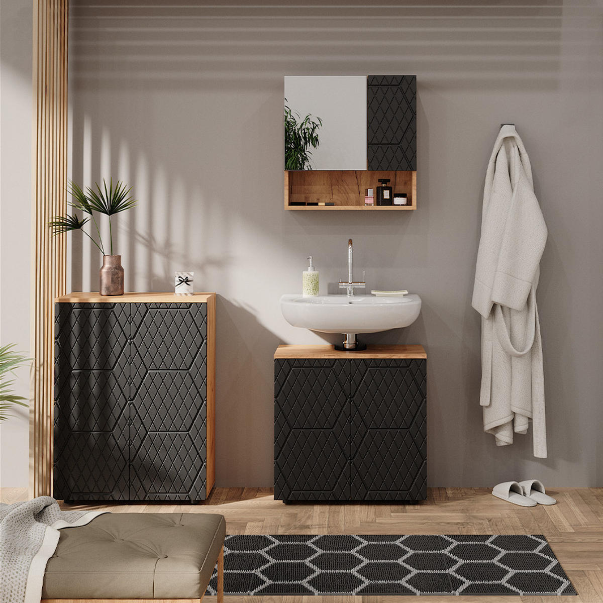 BADMÖBEL-SET Irma Anthrazit gestreift 3 Teile, mit Unterschrank 60 cm - Honigeiche/Anthrazit, Holzwerkstoff (80/58.6/41cm) - Vicco