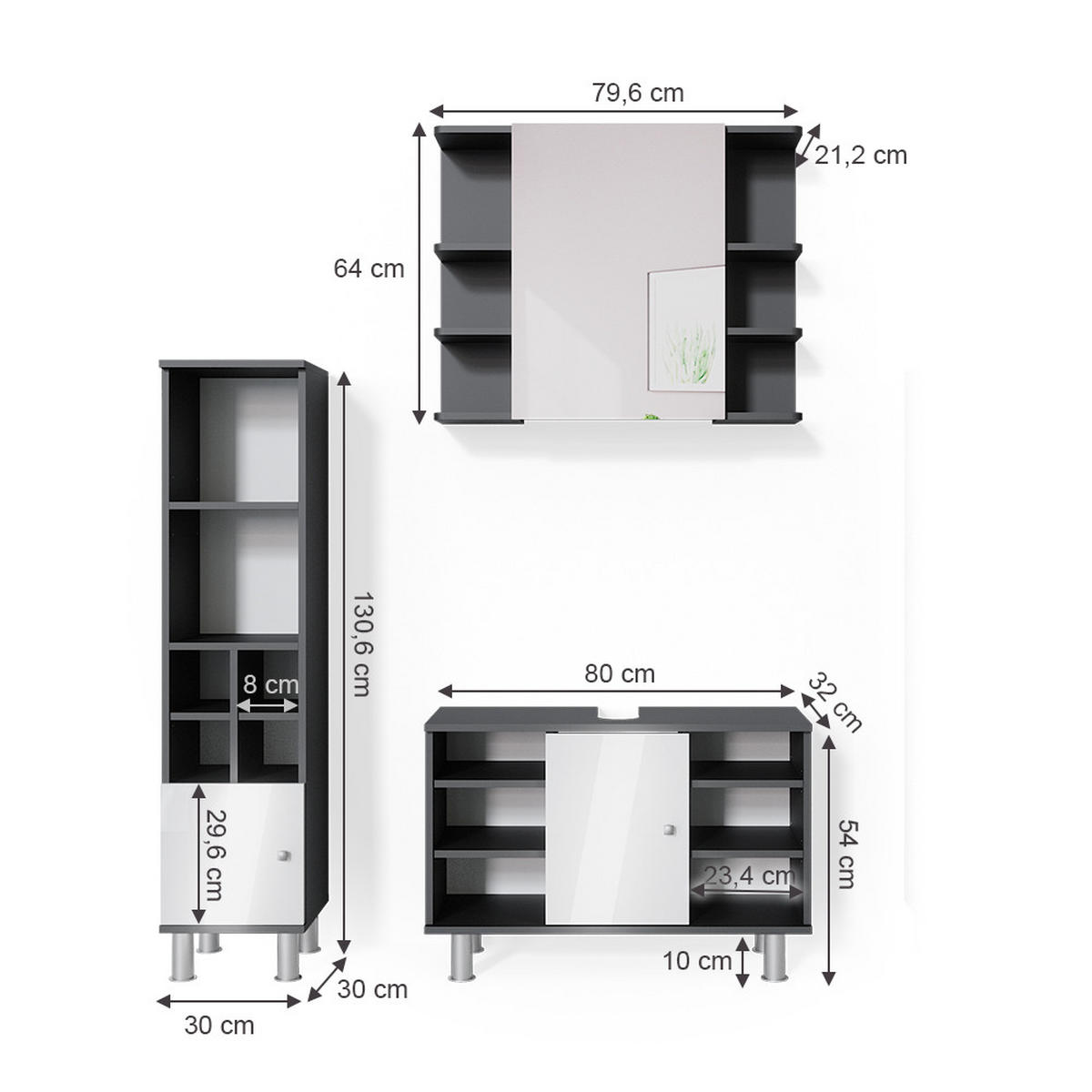 BADMÖBEL-SET Fynn Anthrazit 3 Teile, mit Midischrank Tür klein - Anthrazit/Weiß, Holzwerkstoff (60/54/32cm) - Vicco