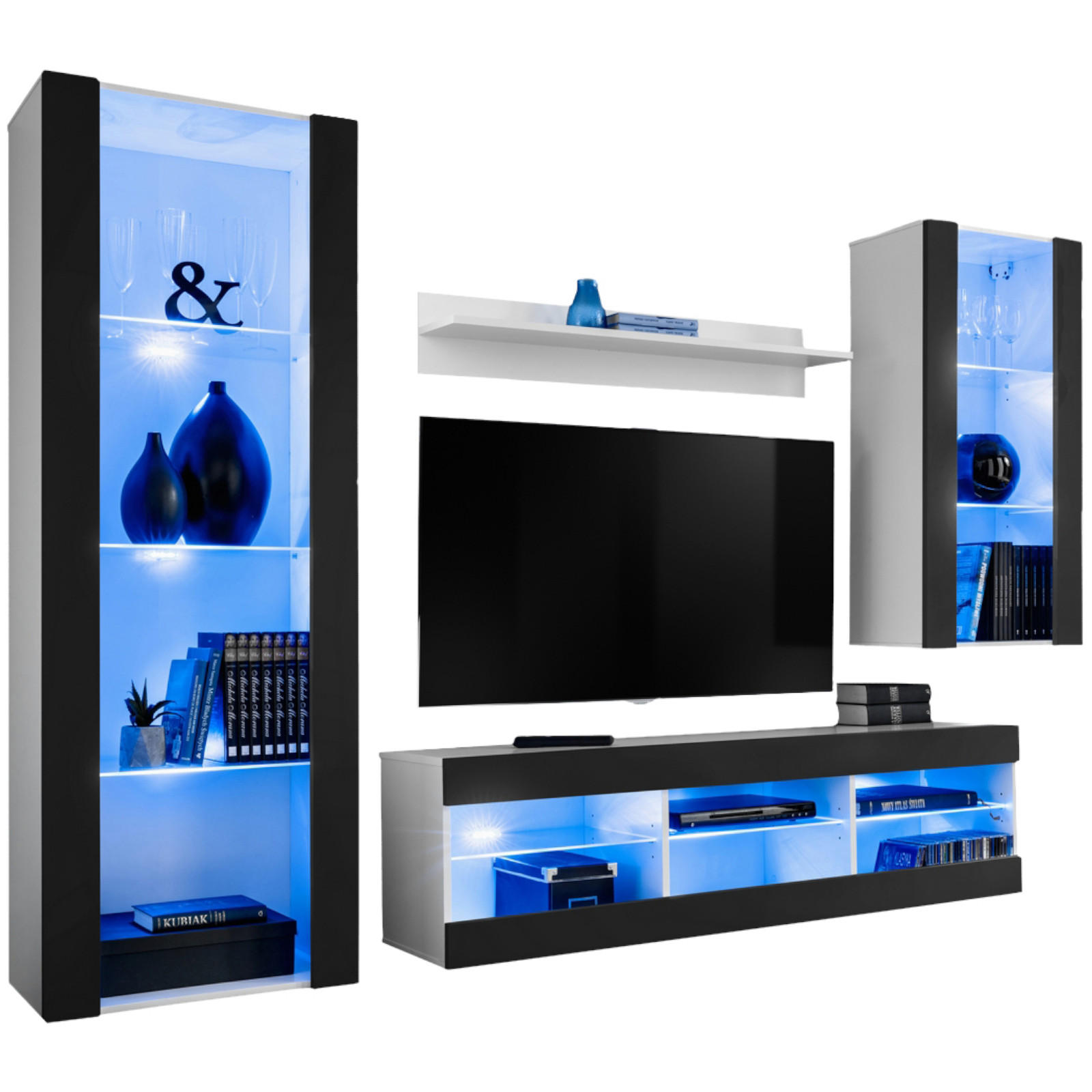 WOHNZIMMERSET TIVOLI MEDIO, 4er-Set, Schwarz, LED Blau - Schwarz/Weiß, Glas/Holzwerkstoff (245/159/35cm) - Komodee