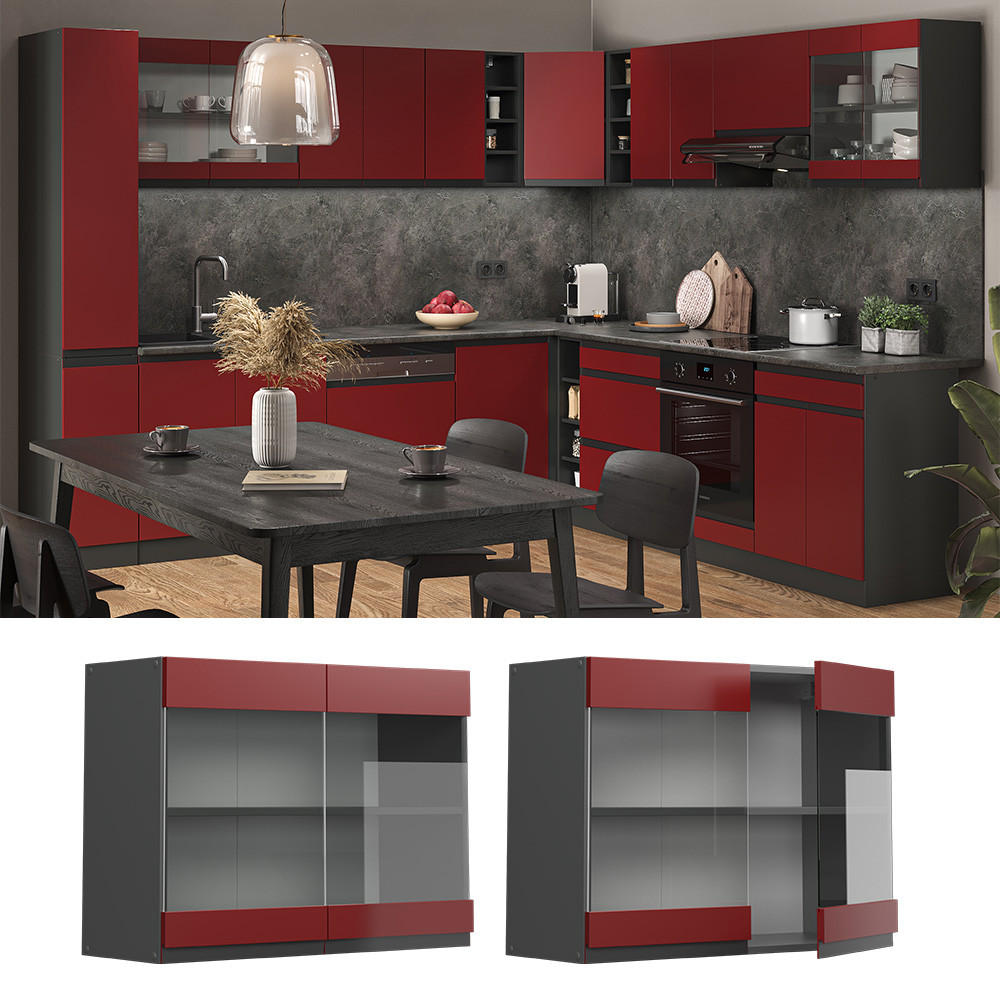 KÜCHENGLASSCHRANK R-Line Rot 80 cm J-Shape - Anthrazit/Rot, Holzwerkstoff (80/60/31cm) - Vicco