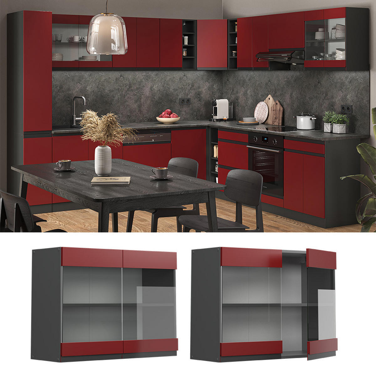 KÜCHENGLASSCHRANK R-Line Rot 80 cm J-Shape - Anthrazit/Rot, Holzwerkstoff (80/60/31cm) - Vicco
