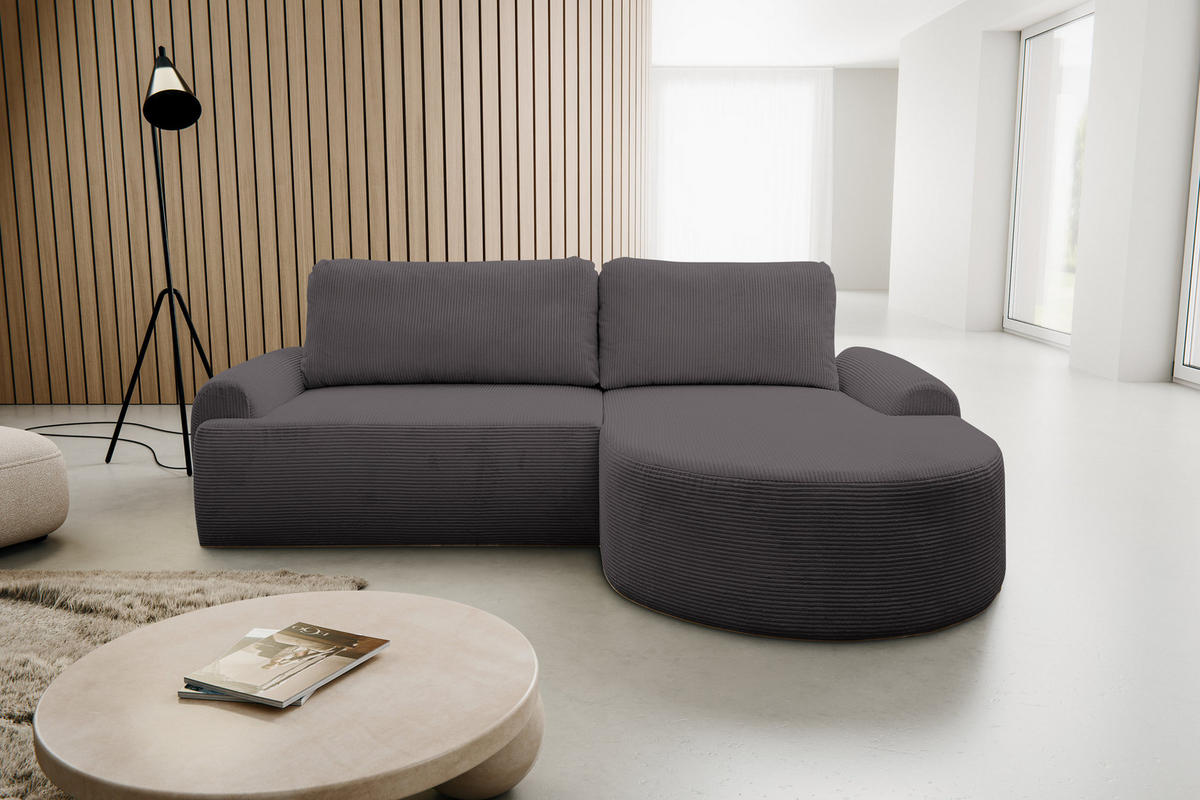 ECKSOFA Dream Cord in L-Form mit Schlaffunktion und Bettkasten, Farbe: Grau, Cordstoff, Ottomane Rechts - Grau, Textil (260/136cm) - VENASI MÖBEL
