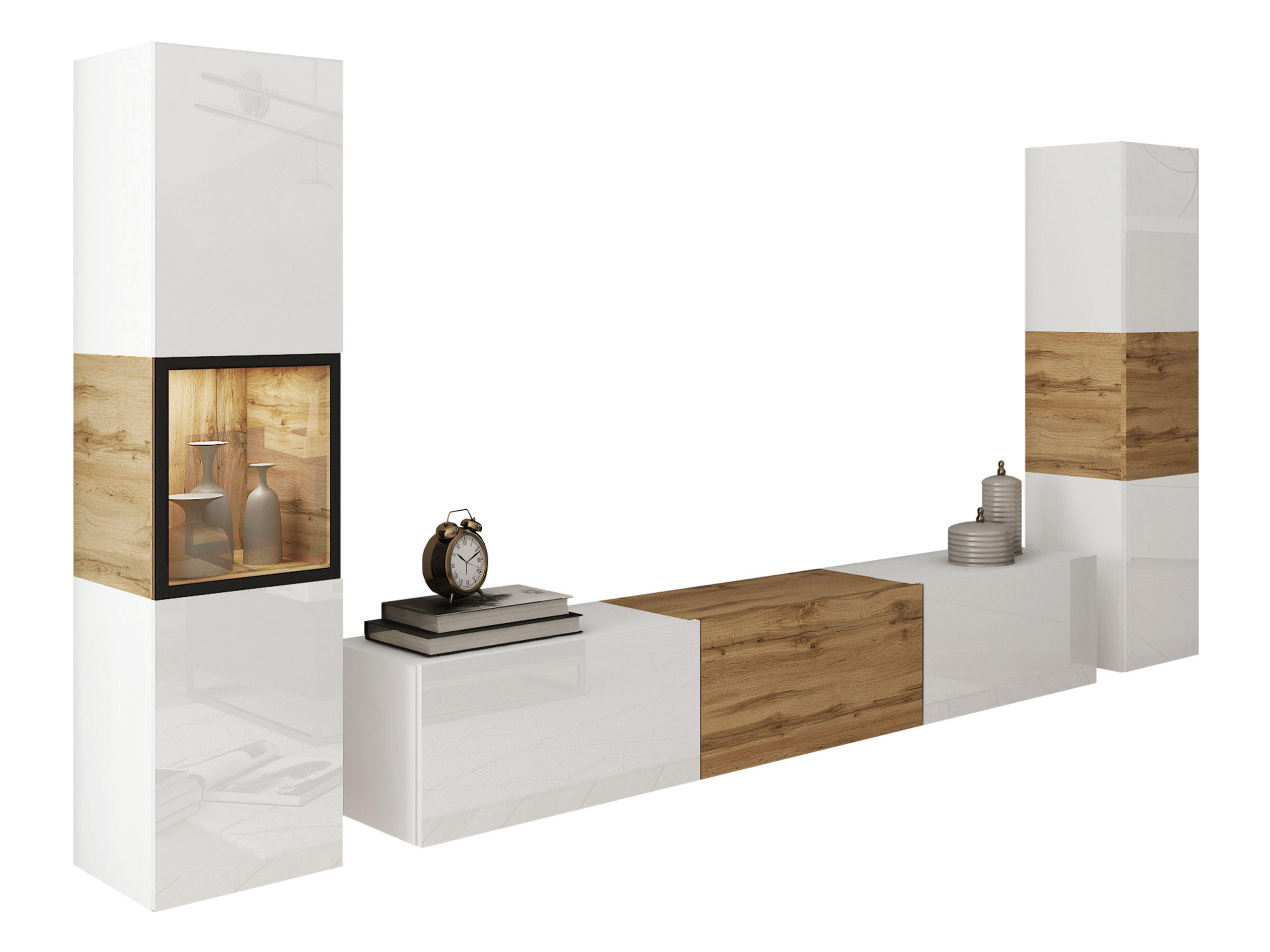 WOHNWAND Berlin III mit weißer LED Beleuchtung - Weiß Hochglanz/Eiche Wotan, Holzwerkstoff/Kunststoff (180/30/33cm) - MIRJAN24