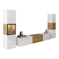 WOHNWAND Berlin III mit weißer LED Beleuchtung - Weiß Hochglanz/Eiche Wotan, Holzwerkstoff/Kunststoff (180/30/33cm) - MIRJAN24