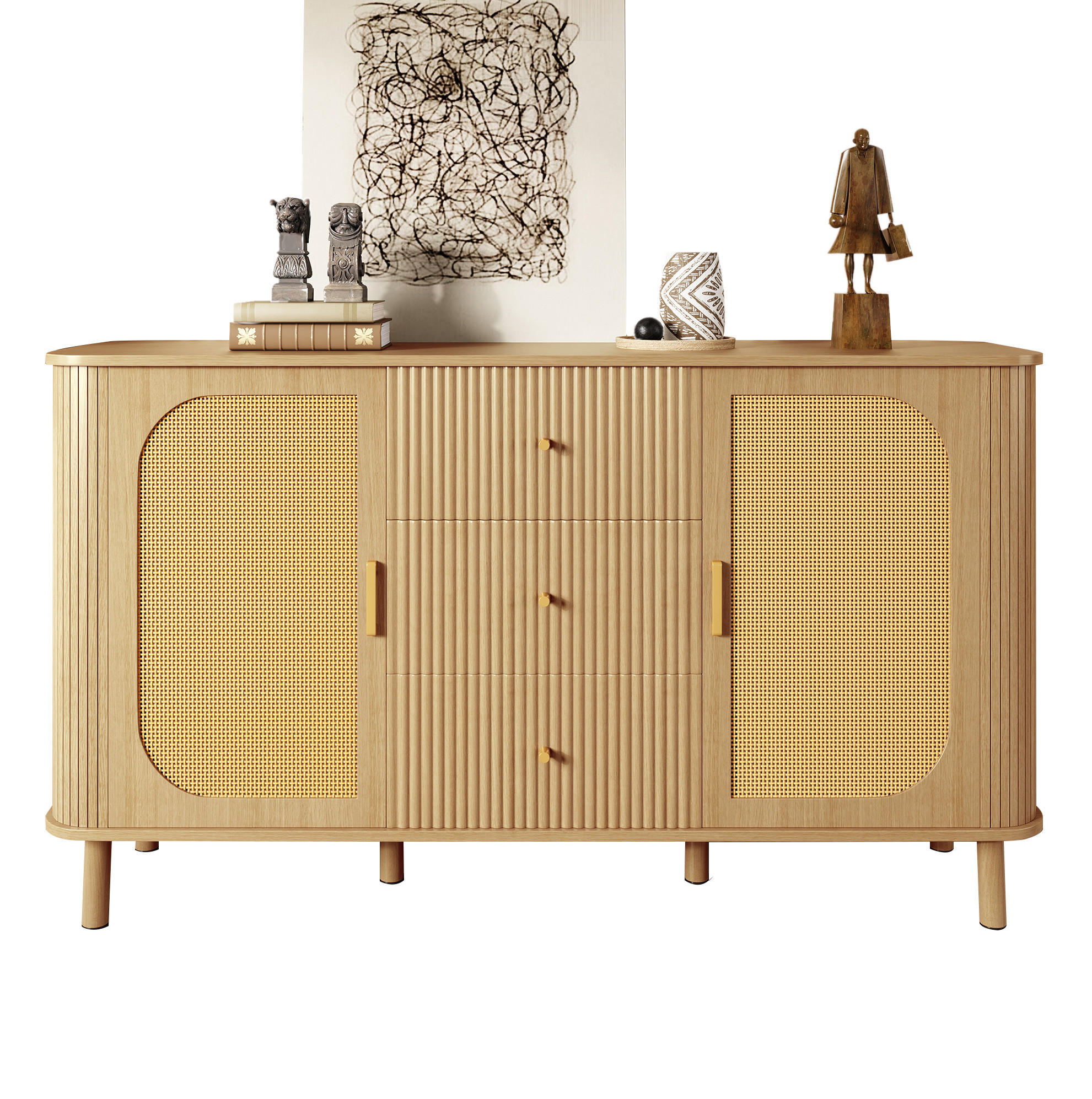 SIDEBOARD in Natur mit Rattan-Türen und gewellten Schubladen, MDF, Metallbeine mit Holzmaserung, 140/40/80 cm,Naturfarben - Naturfarben, Holzwerkstoff (140/80/40cm) - Redom