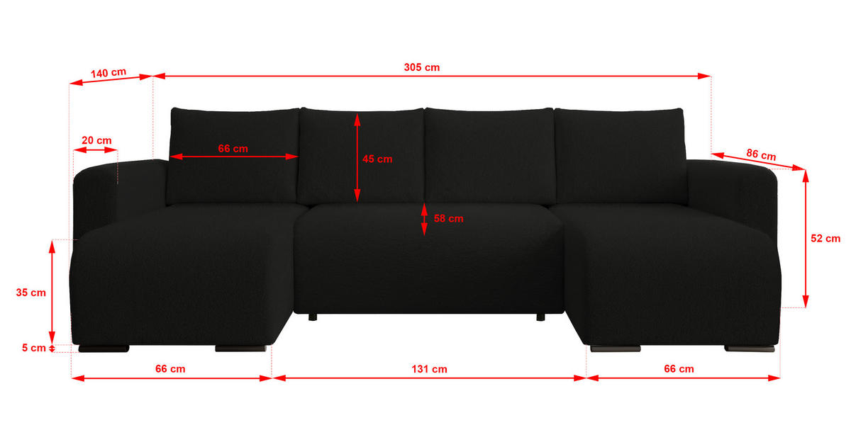 WOHNLANDSCHAFT DORA U mit Bettkasten und Schlaffunktion, U-Form, bequem - Schwarz, Textil (305/85/140cm) - Storez24