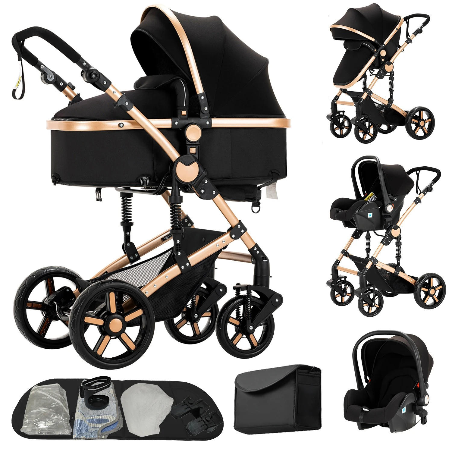 KINDERWAGENSET 3-in-1, B588-Schwarz/Gold - Goldfarben, Metall (80/60cm) - Kaket