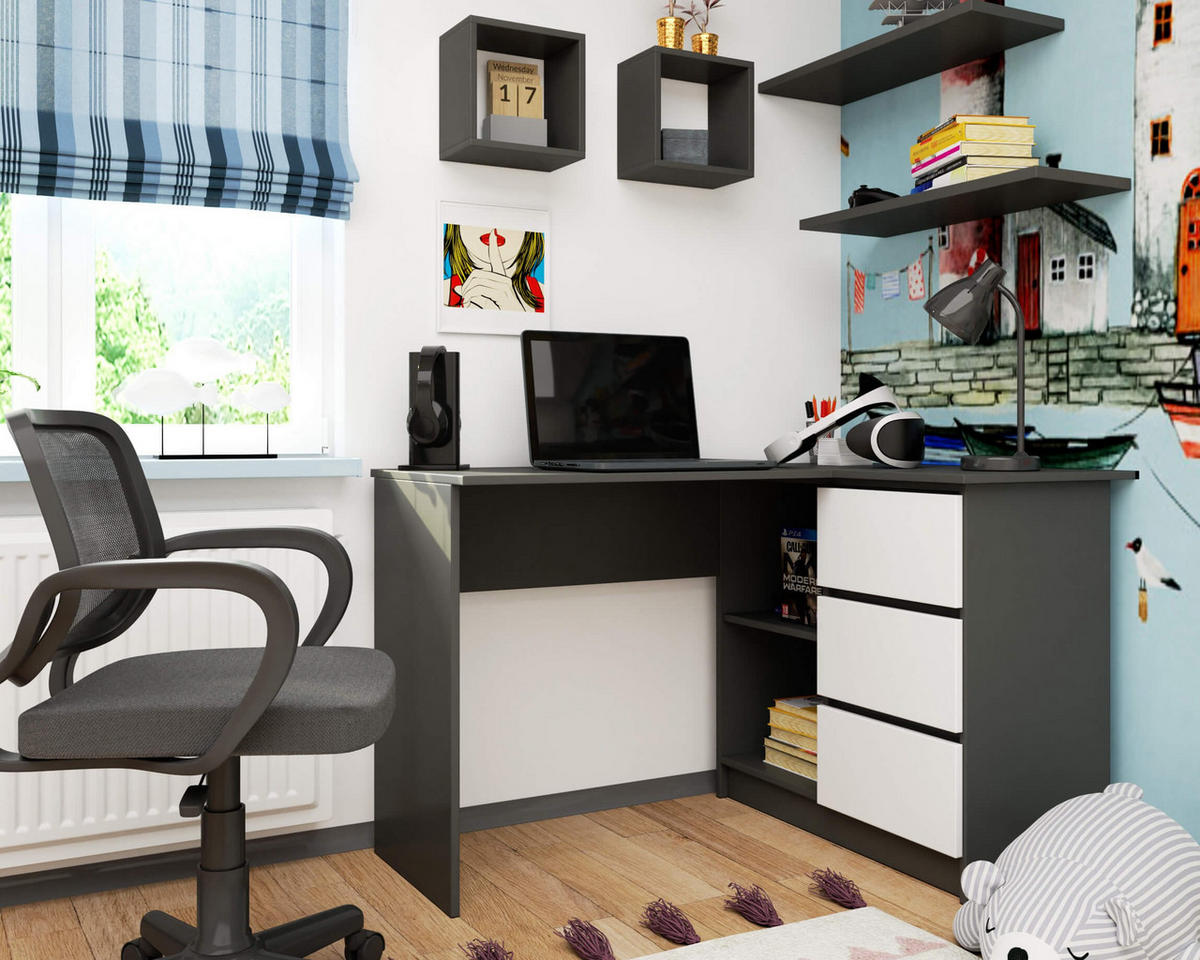 ECKSCHREIBTISCH Grau, Weiß 124x85x77 cm - Weiß/Grau, Holzwerkstoff (85/124/77cm) - Akord