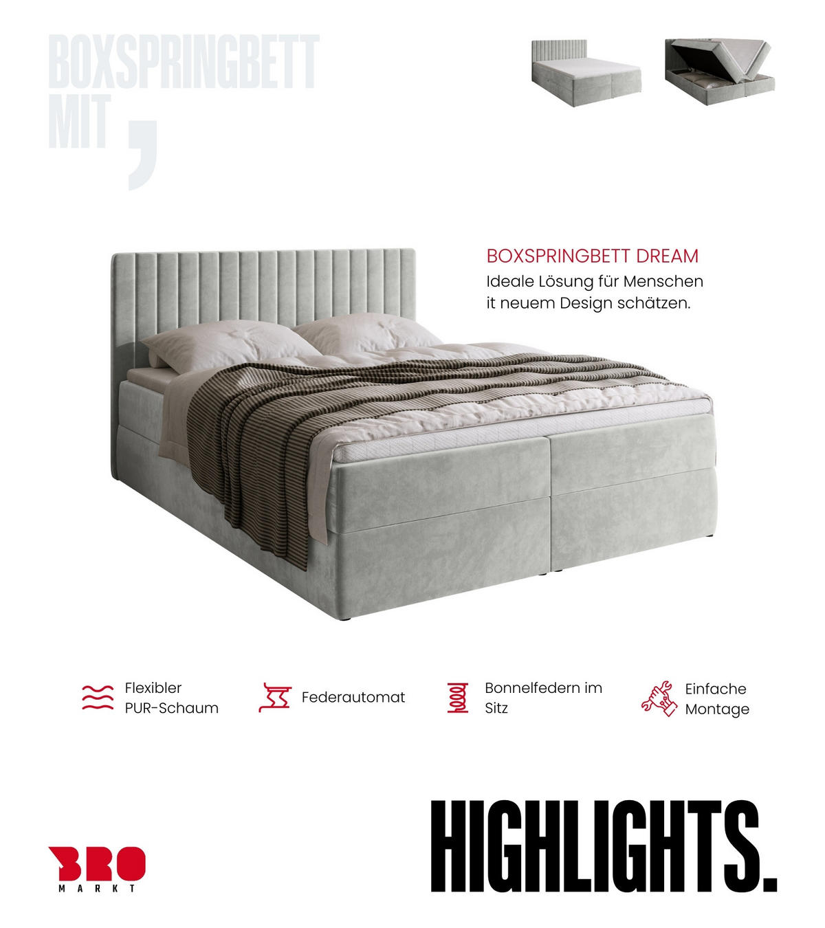 BOXBETT DREAM mit Topper 160x200 Grau - Grau, Textil (160/200cm) - Bromarkt