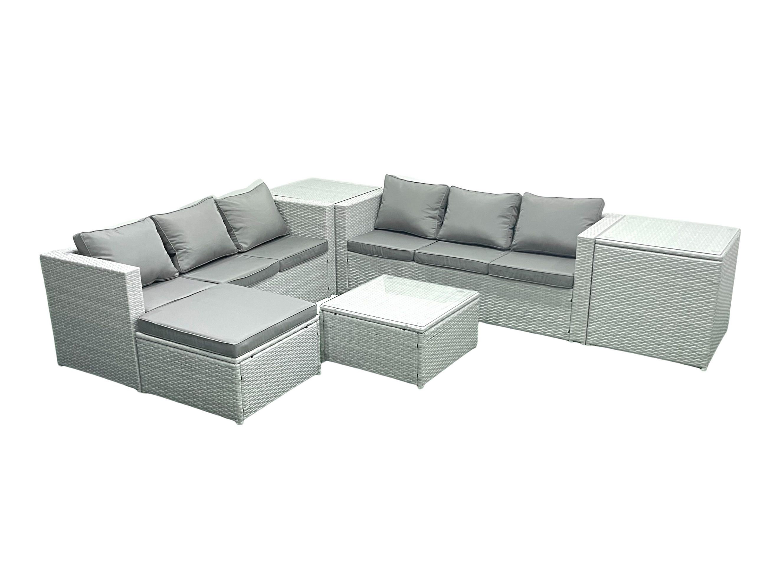GARTENMÖBEL-SET mit Kissen Polyrattan Hellgrau-Mix 7-Sitzer - Hellgrau/Grau, Glas/Kunststoff - Fimous