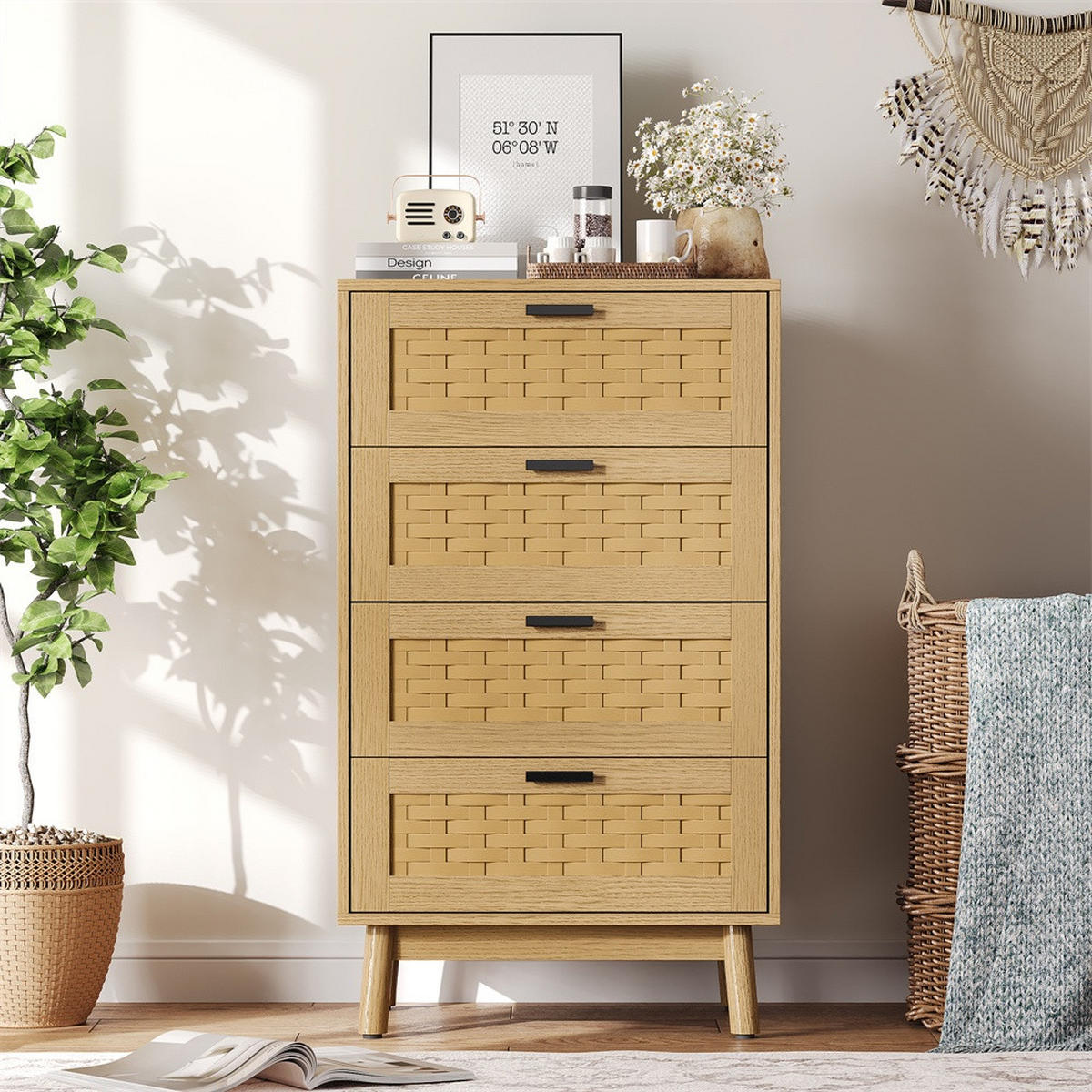 KOMMODE mit 4 Schubladen - pflegeleichtes PVC-Geflecht und Holzbeine - für Wohnzimmer&Schlafzimmer - Eiche-Optik - Eichefarben, Holzwerkstoff (39.8/95/55cm) - DELFA