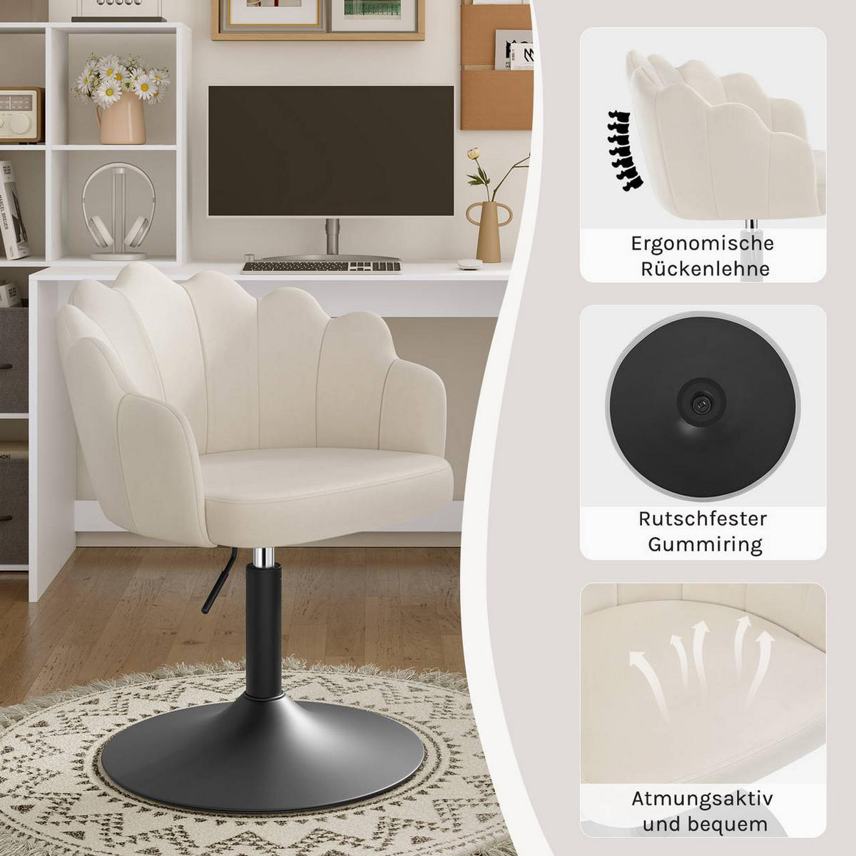 DREHSTUHL, Blumenform, Smt, Schminkstuhl, Creme - Creme/Schwarz, Textil/Metall (55/67/50cm) - Woltu