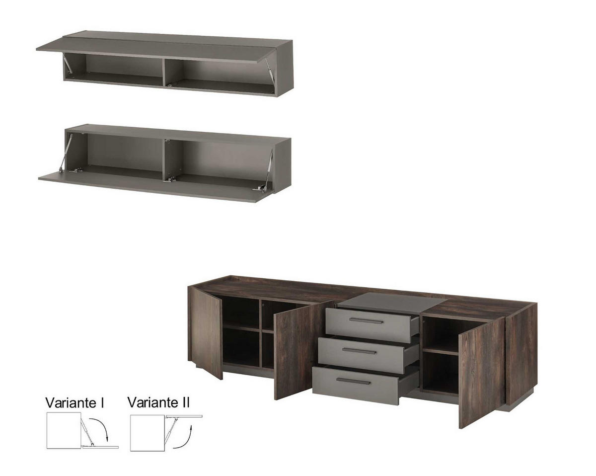 WOHNWAND Thermo Eiche, grau, Wohnkombination 3-teilig mit Soft-Close 320 x 180 cm - Eichefarben/Grau, Holzwerkstoff/Metall (320/180/45cm) - Furn.Design
