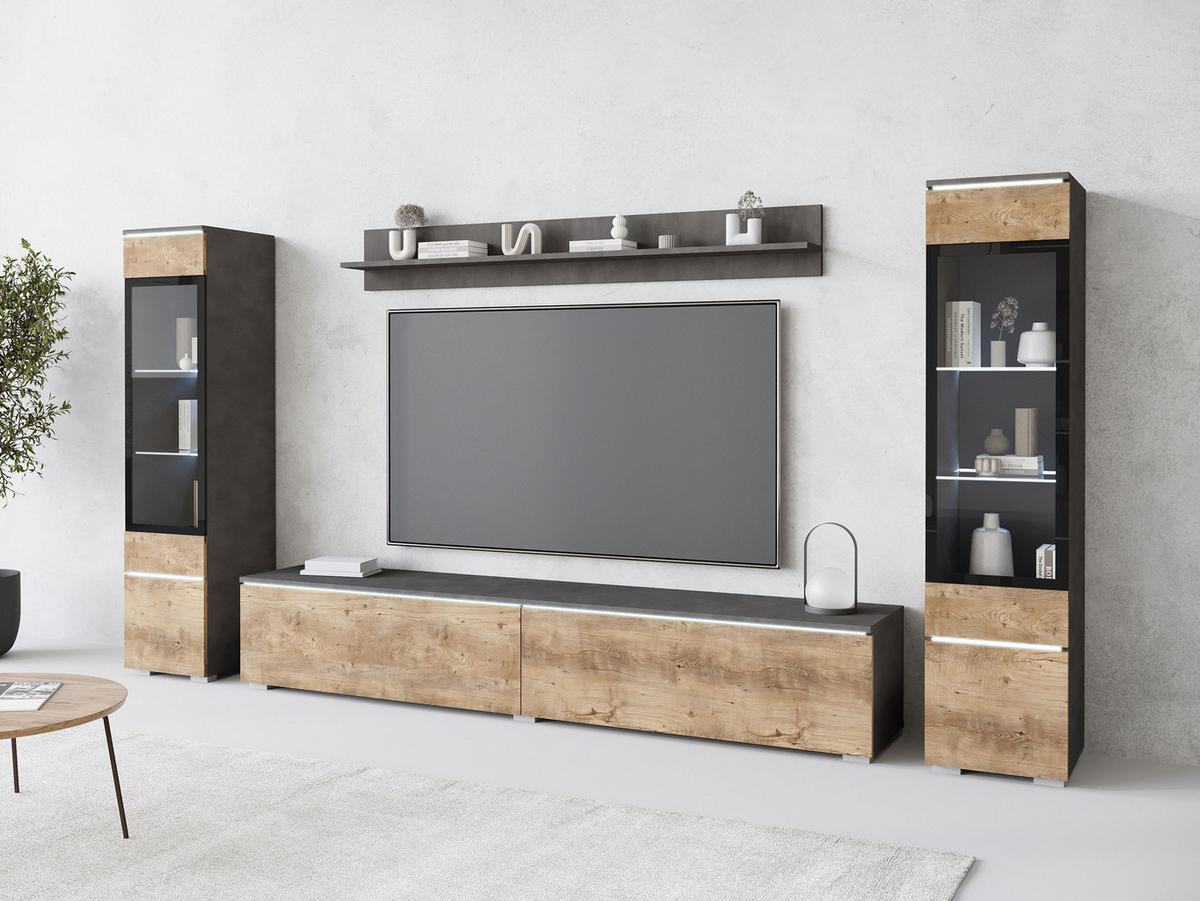 WOHNWAND Vera II mit weißer LED Beleuchtung - Braun/Grau, Holzwerkstoff (30/130/33cm) - MIRJAN24