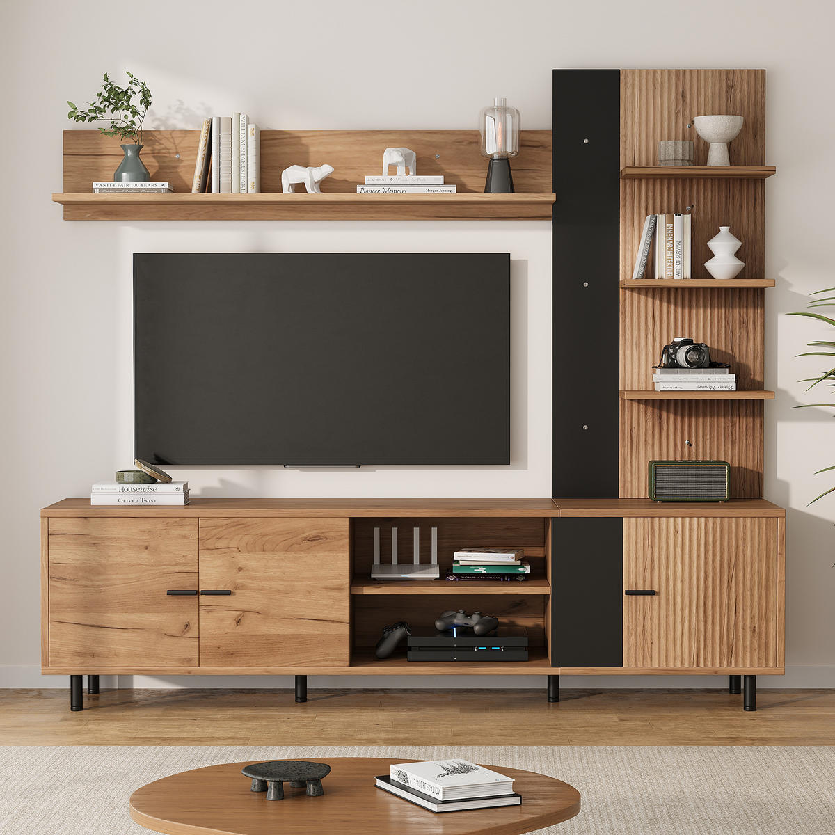 WOHNWAND in Schwarz-Holzoptik 187,5/40/167 cm aus Spanplatte mit TV-Board, Vitrine, Schränken und Regalen - Walnussfarben/Schwarz, Holz/Holzwerkstoff (187.5/167/40cm) - CHICFURN