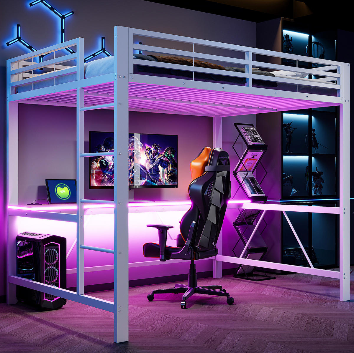 HOCHBETT 140/200 cm aus Metall und MDF mit Schreibtisch, LED-Beleuchtung und USB-Ladestation Weiß - Weiß, Holzwerkstoff (140/200cm) - Modenvie