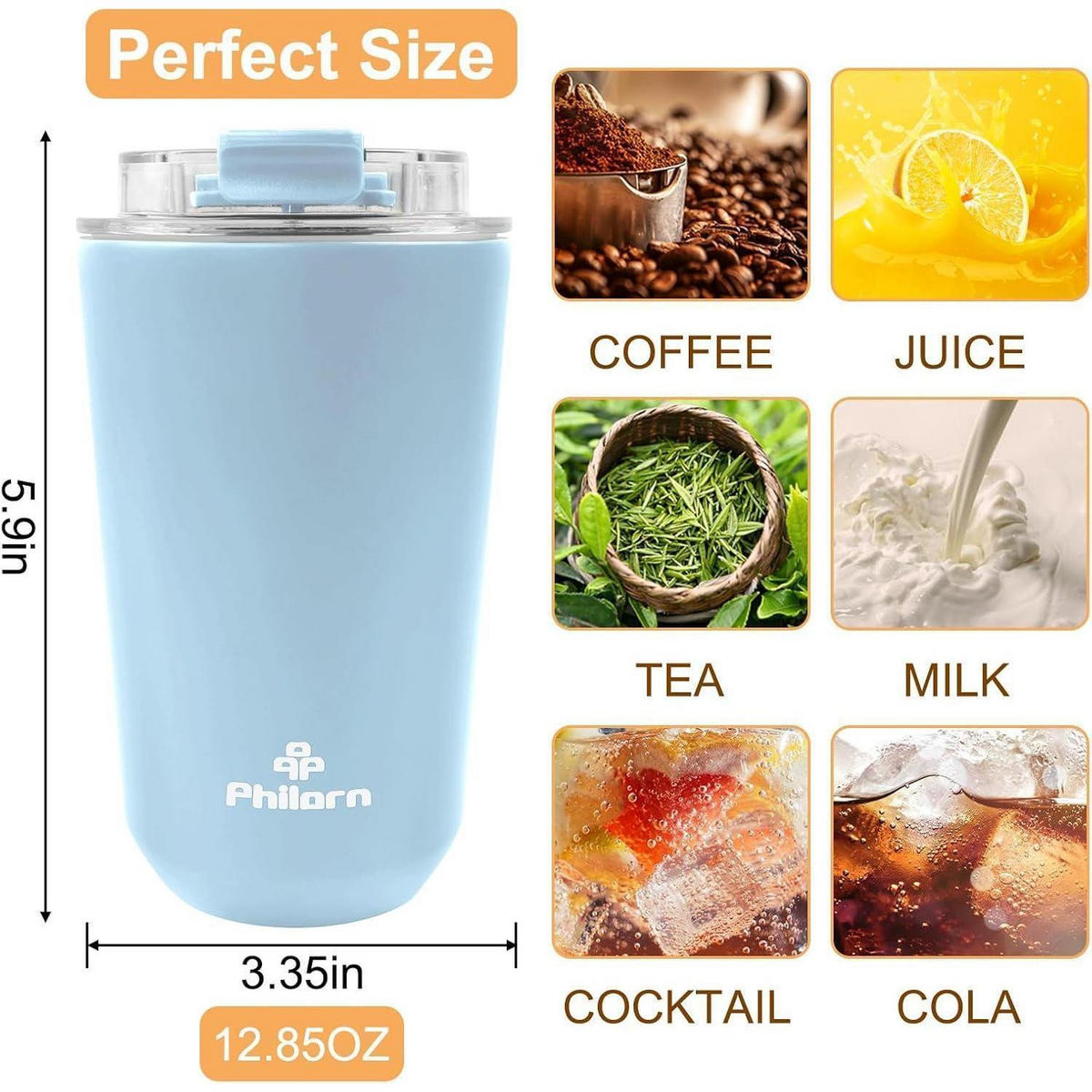 THERMOFLOW Coffee Tumbler Edelstahl, Thermobecher 380 ml - Hellblau, Metall (0.38L) - LUXUSKOLLEKTION