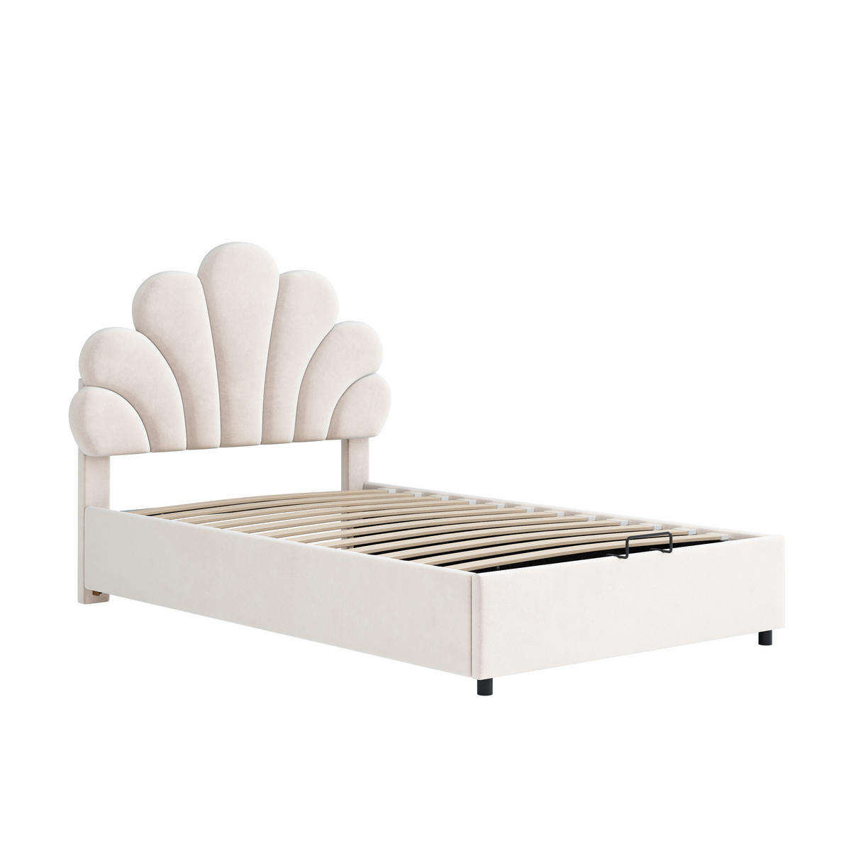 KINDEREINZELBETTEN aus Samt 90x200 cm in Beige mit hydraulischem Stauraum - Beige, Textil (90/200cm) - Modfu