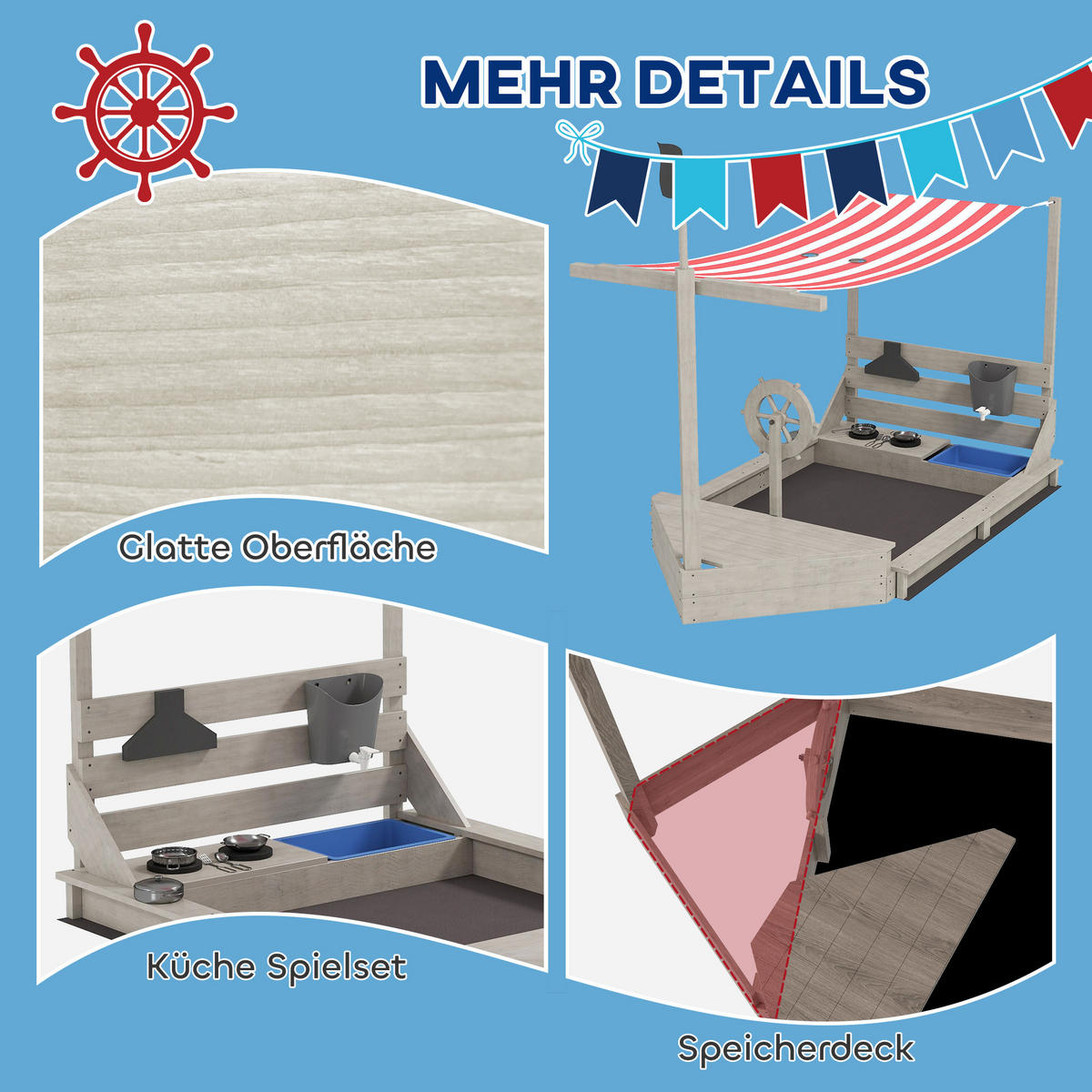 SANDKASTEN Sandkiste groß mit Abdeckung im Schiff Design Matschekiste aus Holz - Grau, Holz (180/103/144.5cm) - Outsunny