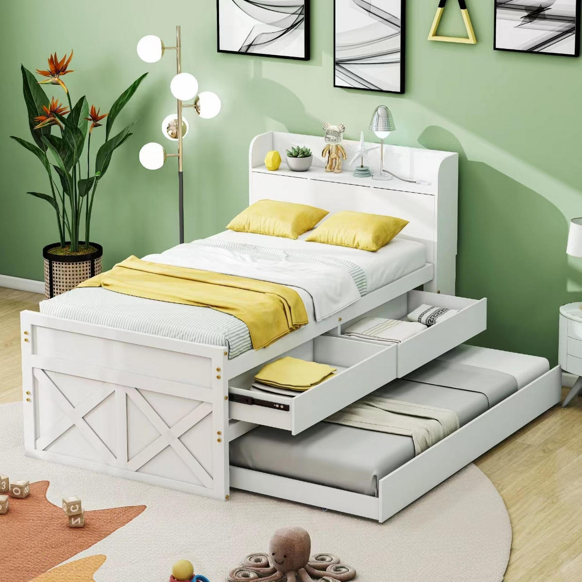 AUSZIEHBETT 90/190 cm aus Massivholz Weiß mit USB und 2 Schubladen - Weiß, Holz (90/200cm) - Flora Grace