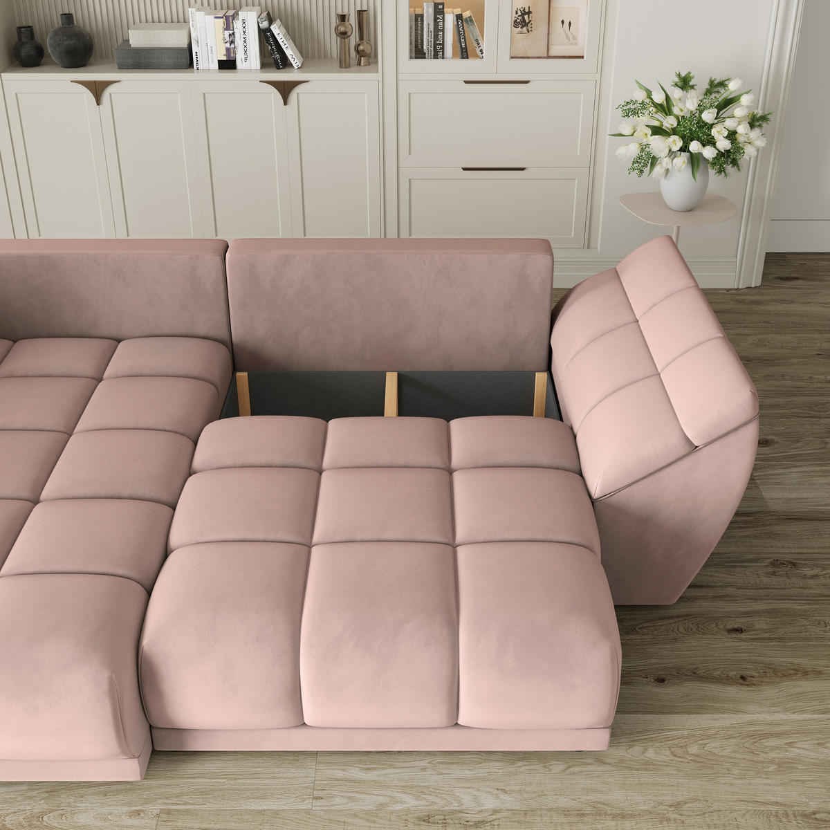 ECKSOFA ORENTI L-S Rosa Velours-Stoff mit Schlaffunktion - Rosa, Holz (287/182cm) - MASSENO