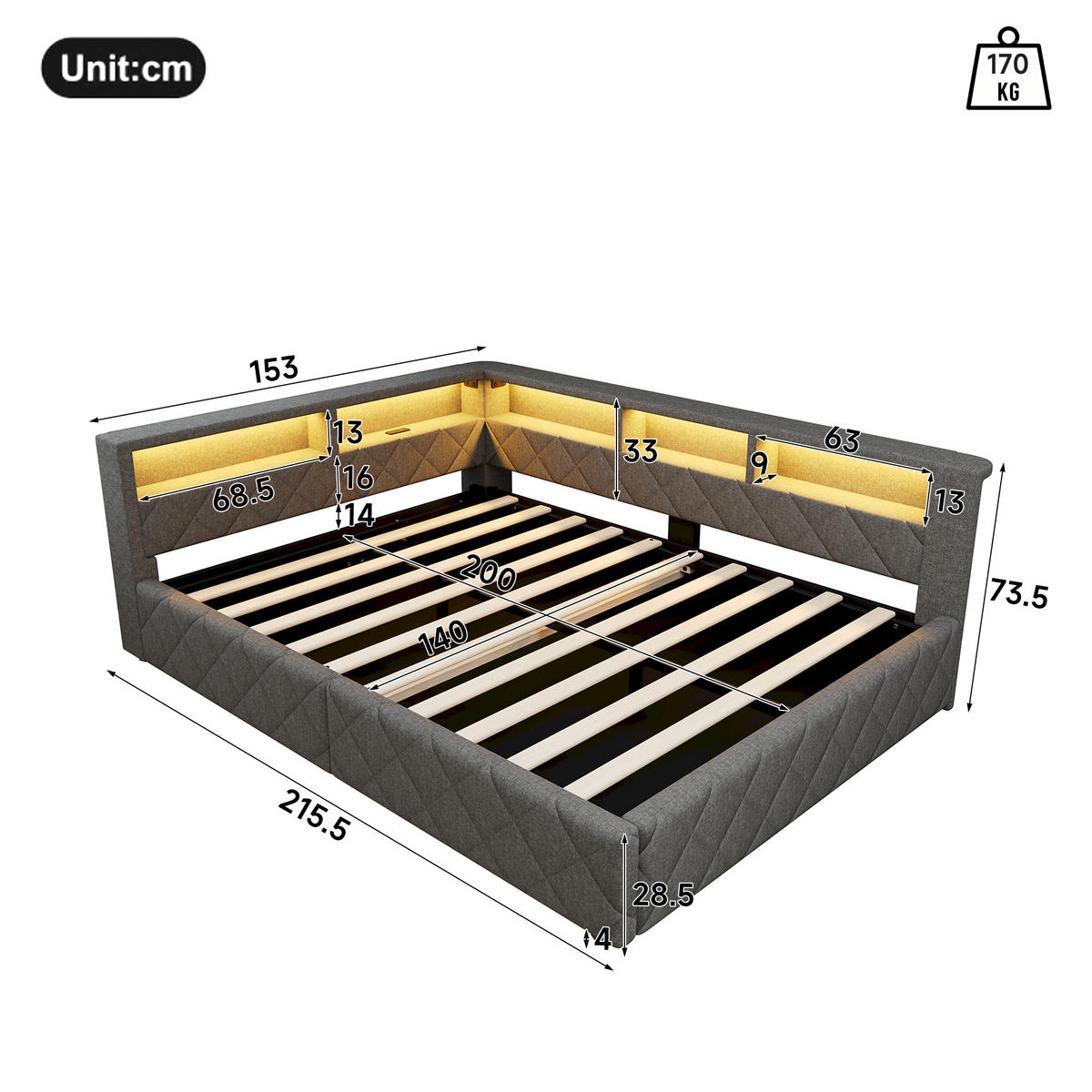 SCHLAFSOFA 140 x 200 cm, Grau, Leinen, LED, USB - Grau, Naturmaterialen (140/200cm) - FLIEKS