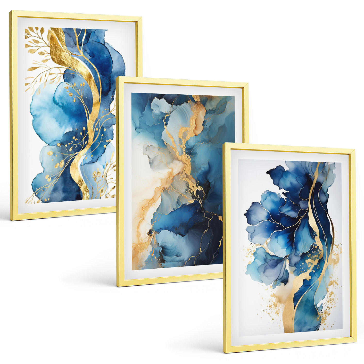 BILDER SET 3er Set - 40x60 cm Goldrahmen - Blaue abstrakte Muster - Goldfarben, Kunststoff (40/60cm) - TULUP
