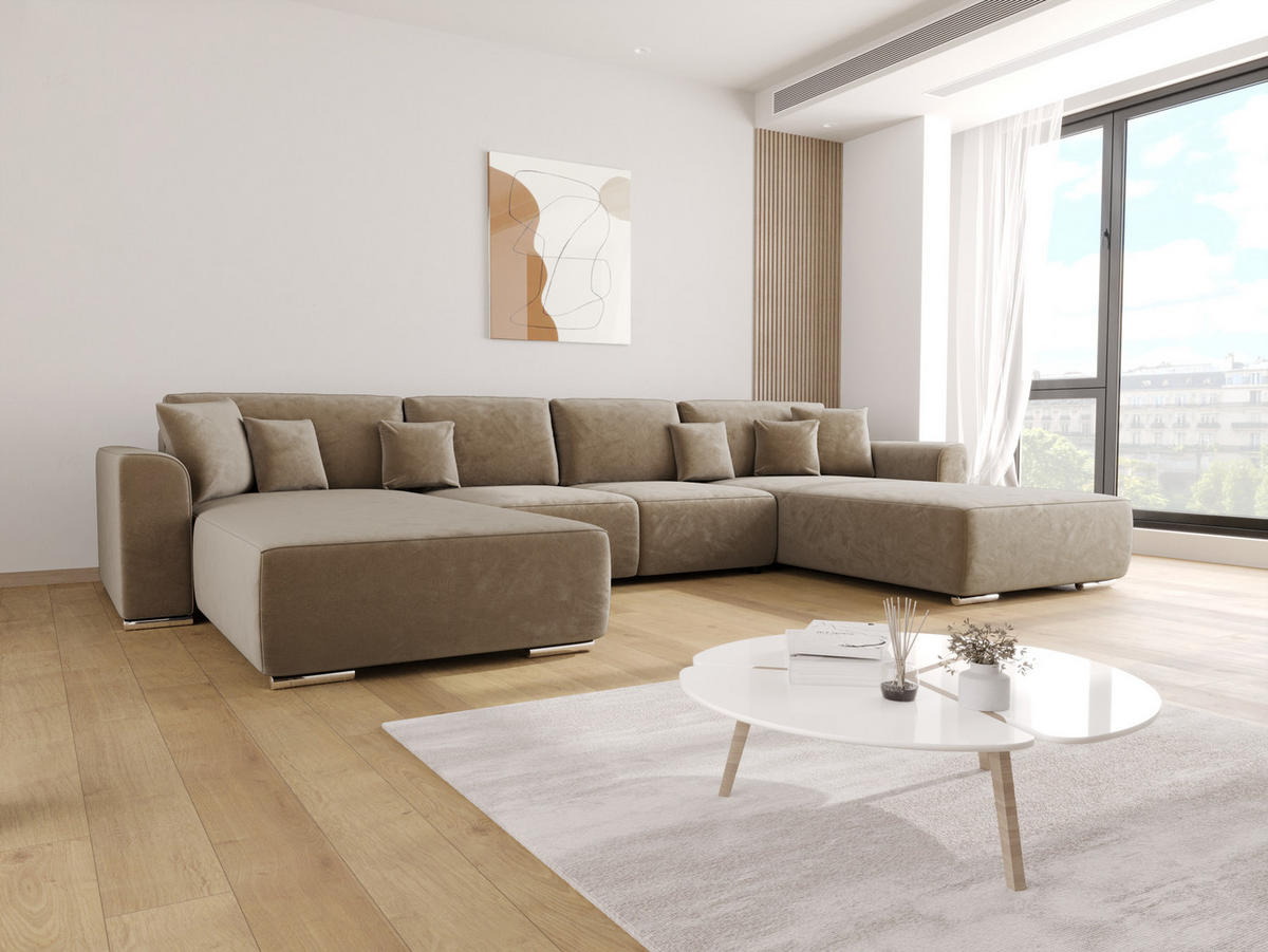 WOHNLANDSCHAFT GUSTO U Monolith 09 mit Schlaffunktion - Braun, Textil (368/85/193cm) - Bedante