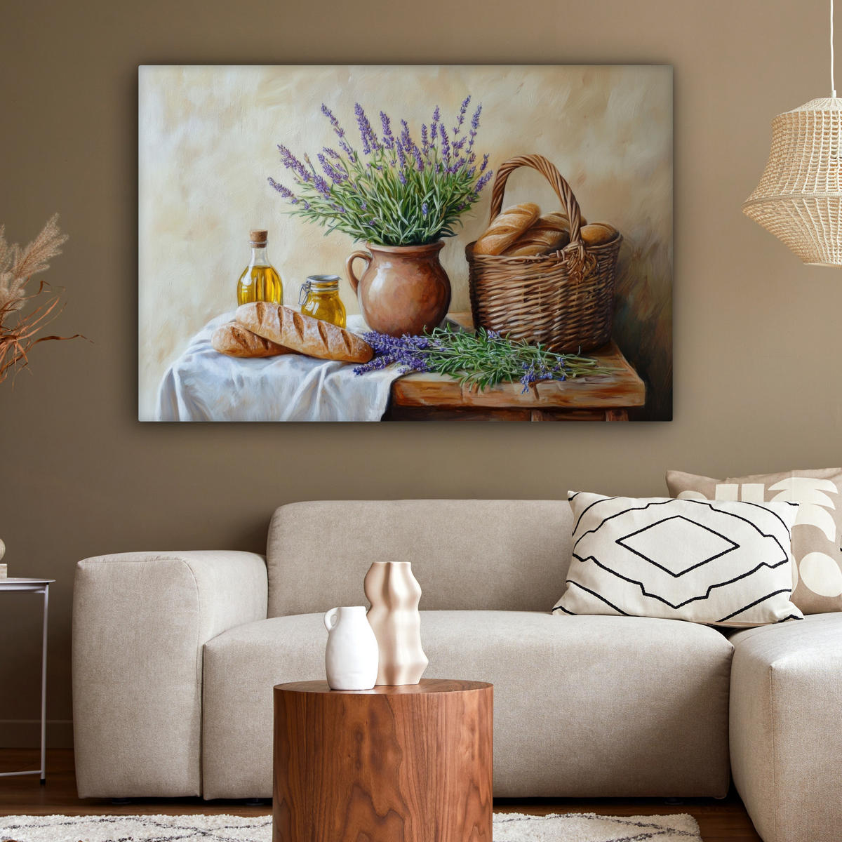 LEINWANDBILD Lavendel - Brot - Stilleben Wohnzimmer 120x80 cm - Flieder, Textil (120/80cm) - MuchoWow