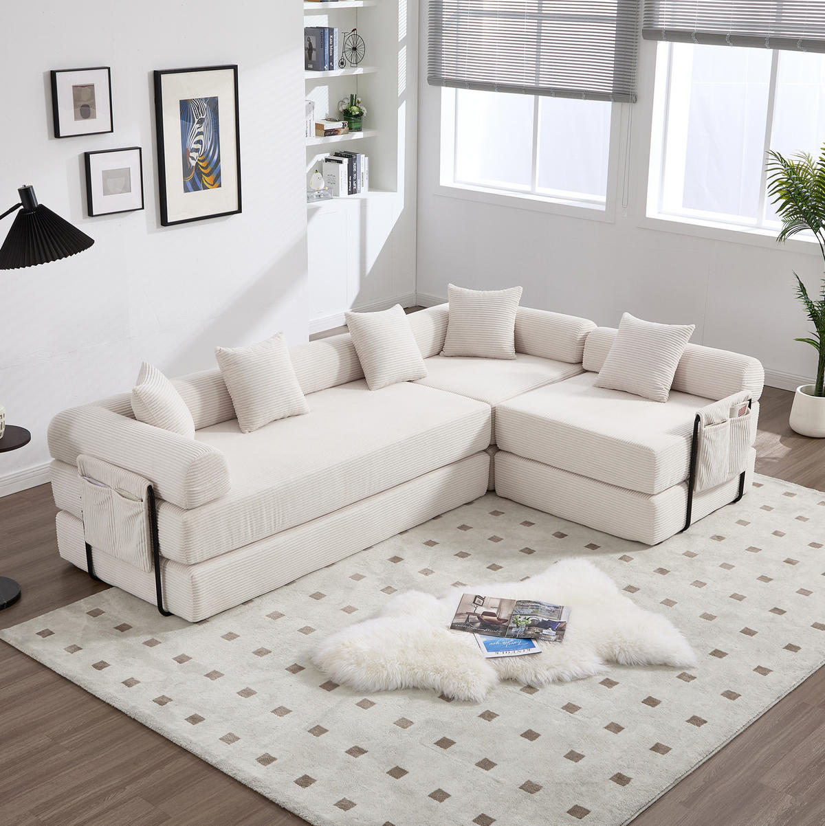 MODULARES Schlafsofa 270/180/64 cm aus Cord mit Seitentasche Beige - Beige, Textil (180/64/270cm) - Modenvie