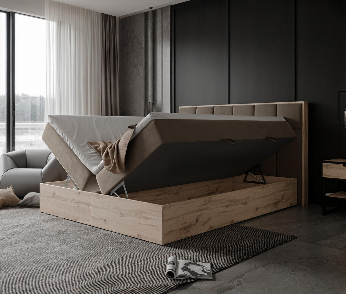 BOXBETT LAVIO II 160/200 cm, in Hellbraun, mit Matratze und Topper - Hellbraun, Holzwerkstoff/Textil (160/200cm) - Idohome