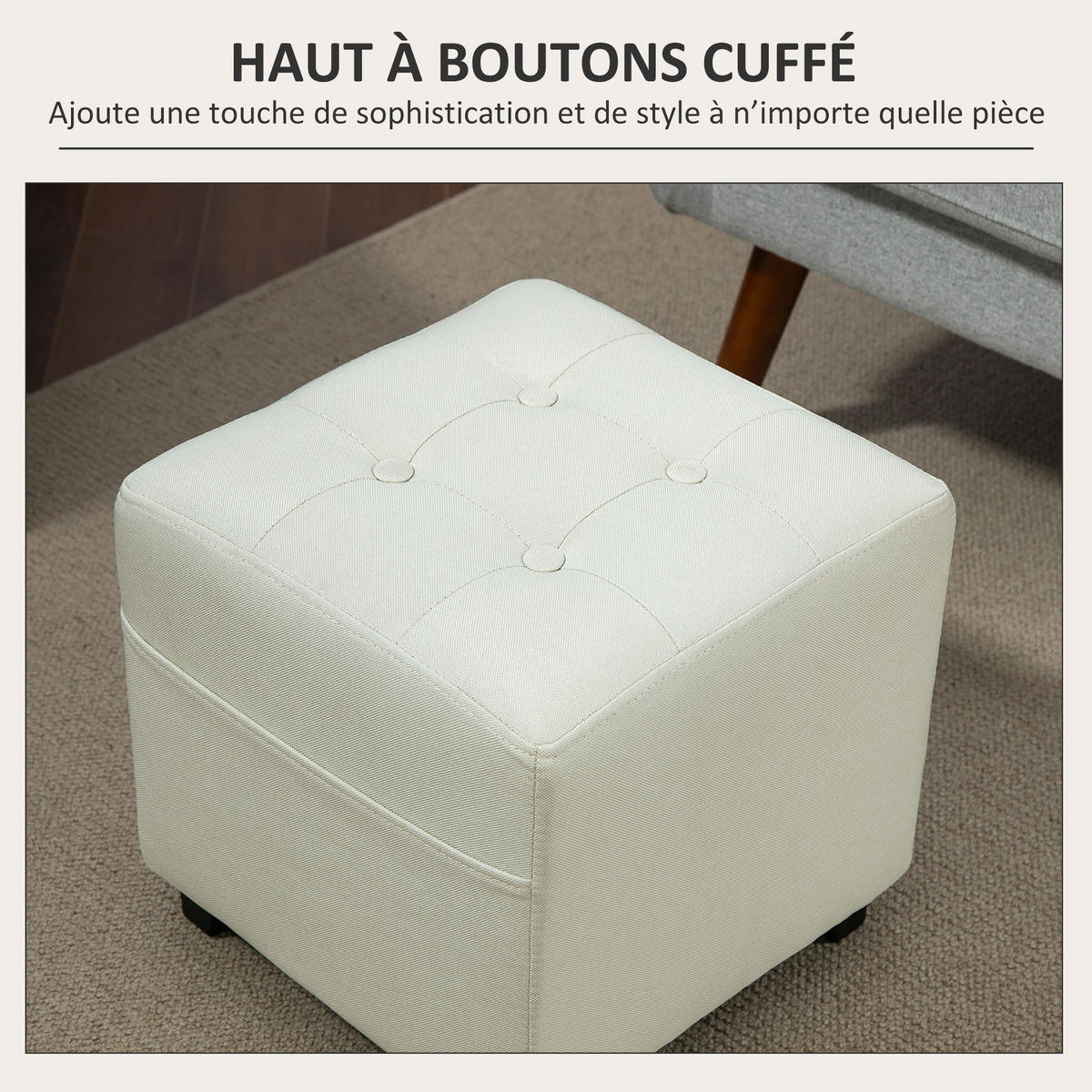 HOCKER DE-16461 mit Seitentasche und Knopfheftung Creme - Creme, Holzwerkstoff (35/35/35cm) - ComfortXL