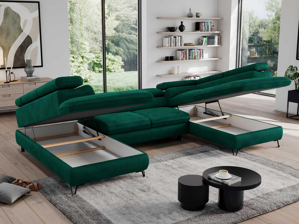 WOHNLANDSCHAFT PEDRO U Velvet Grün - Schwarz/Grün, Textil/Metall (346/76/208cm) - MKS