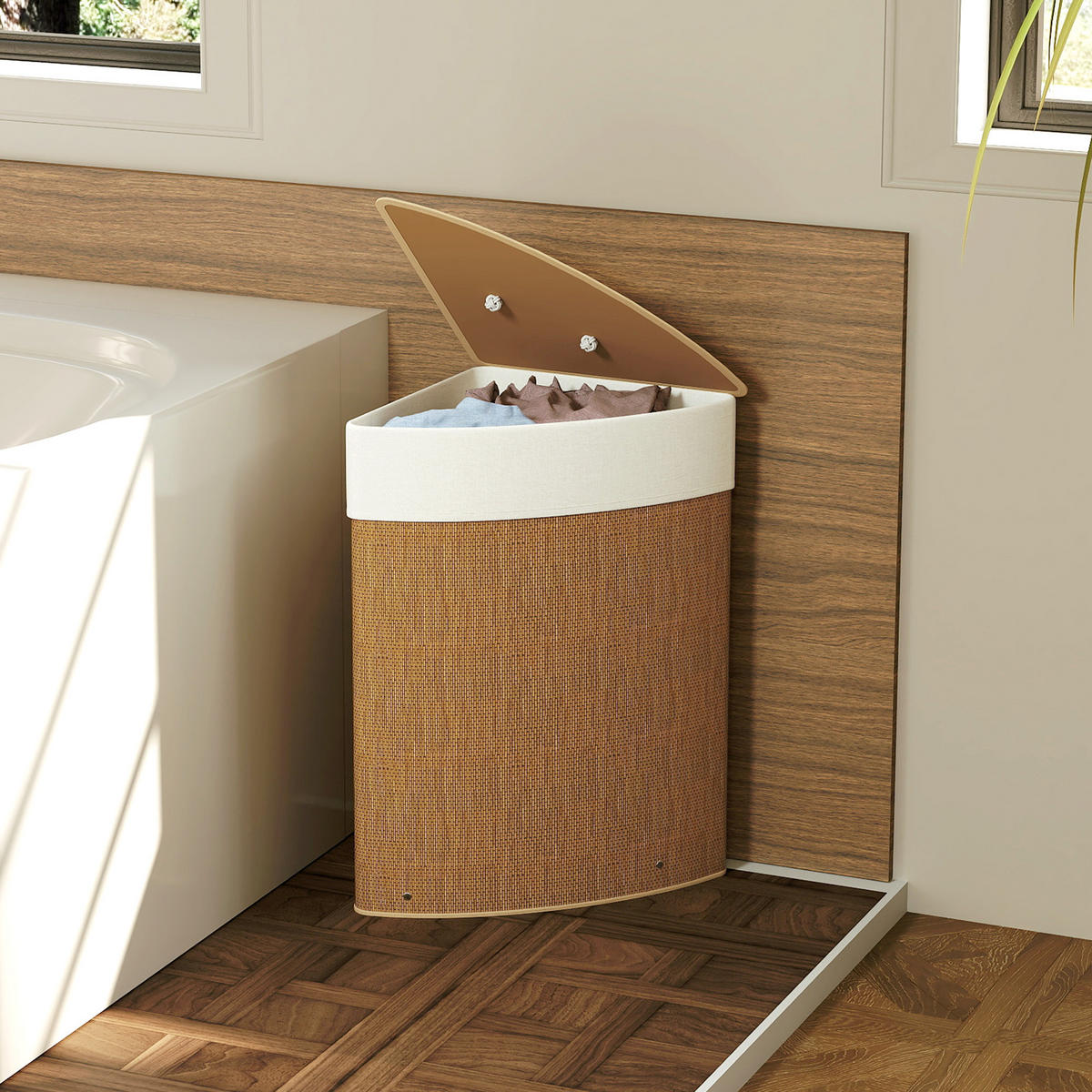 BAMBUS Wäschekorb mit Deckel 55 L Eck Wäschesammler mit herausnehmbar Wäschesack - Braun, Naturmaterialen (35/60/35cm) - HOMCOM