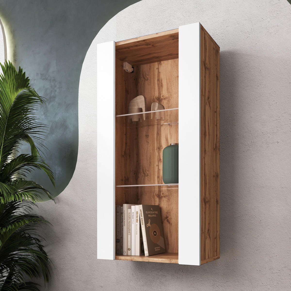 HÄNGEVITRINE TIVOLI Vertical 100, Weiss - Eiche Wotan/Weiß, Glas/Holzwerkstoff (50/100/29.5cm) - Komodee