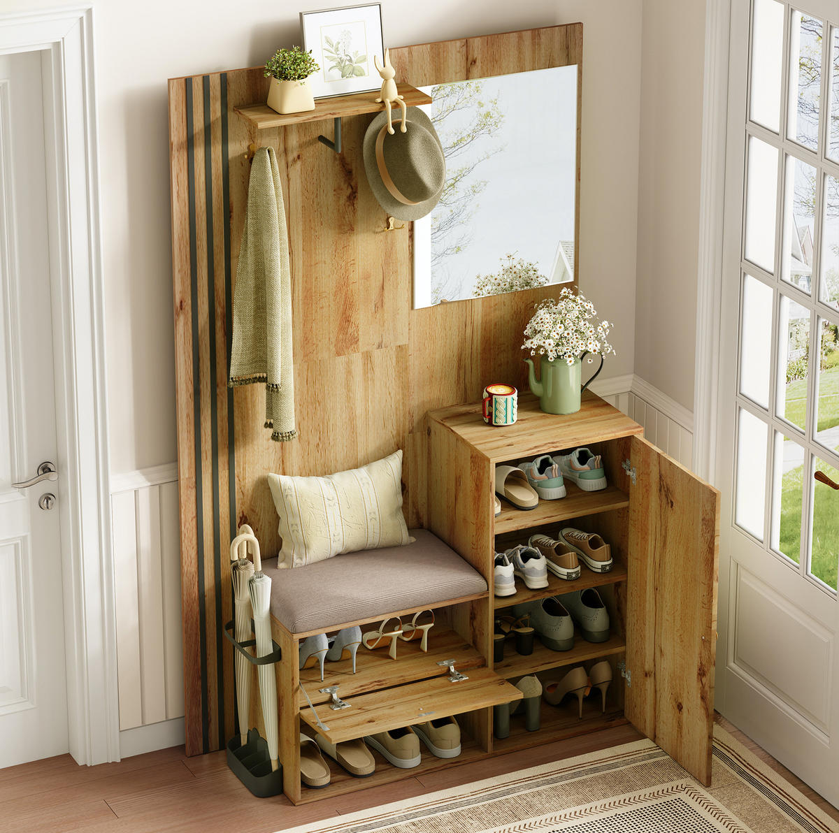 DIELENGARDEROBE mit Spiegel und Sitzbank, 115/37/185 cm, in Natur/Schwarz - Naturfarben, Holzwerkstoff (37/185/115cm) - BEAOK