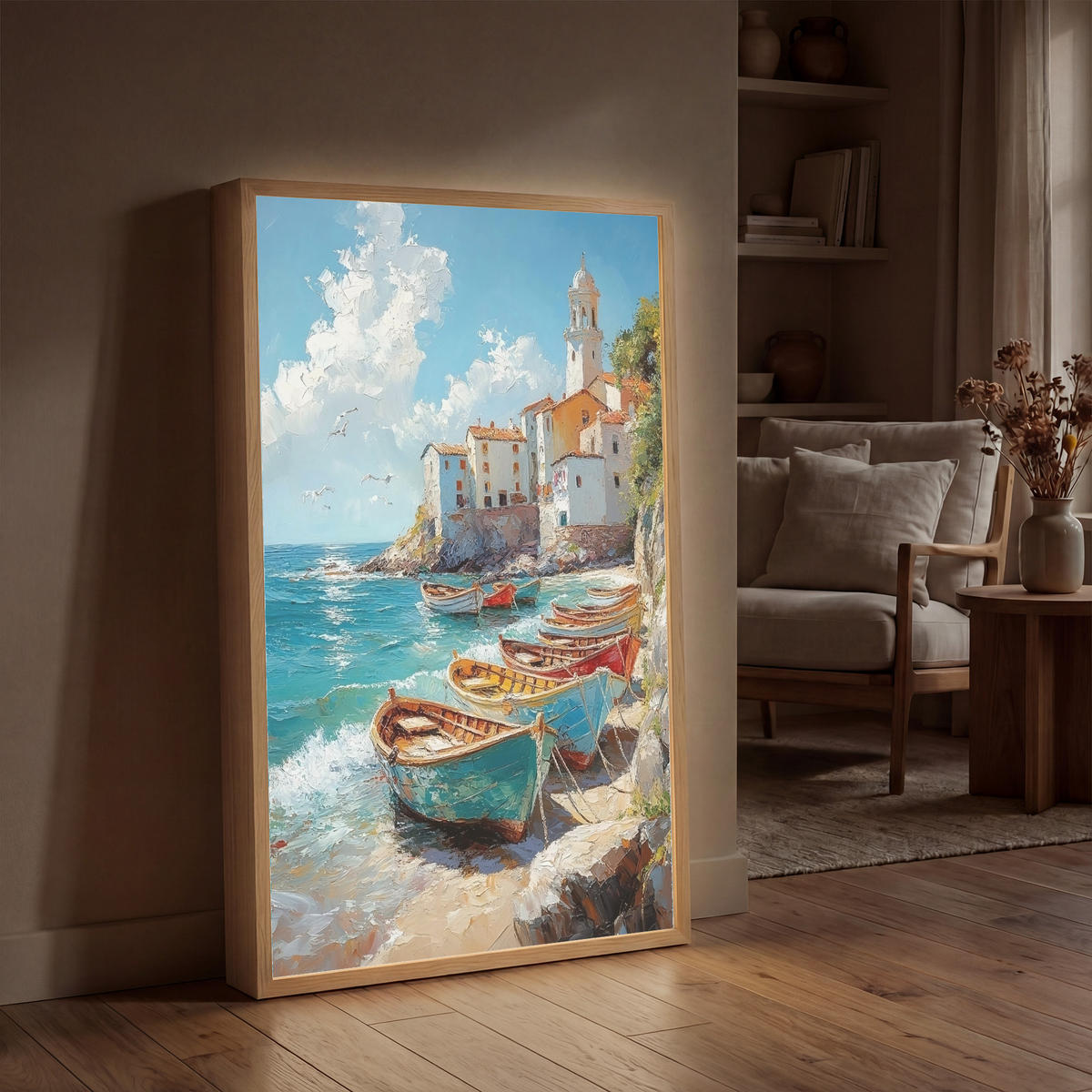 NÁSTĚNNÁ LAMPA S AKUMULÁTOREM Lodě - skály - moře - slunce 60x90 cm - modrá, kompozitní dřevo (60/90/8cm) - OnlyWow