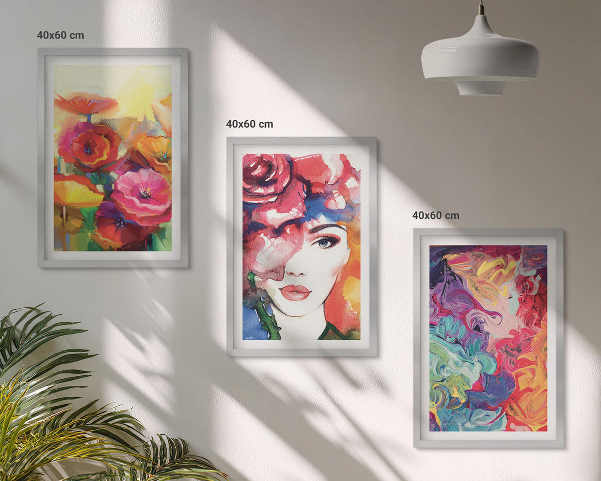BILDER SET 3er Set - 40x60 cm Silberner Rahmen - Intensives Blumenporträt einer Frau - Silberfarben, Kunststoff (40/60cm) - TULUP